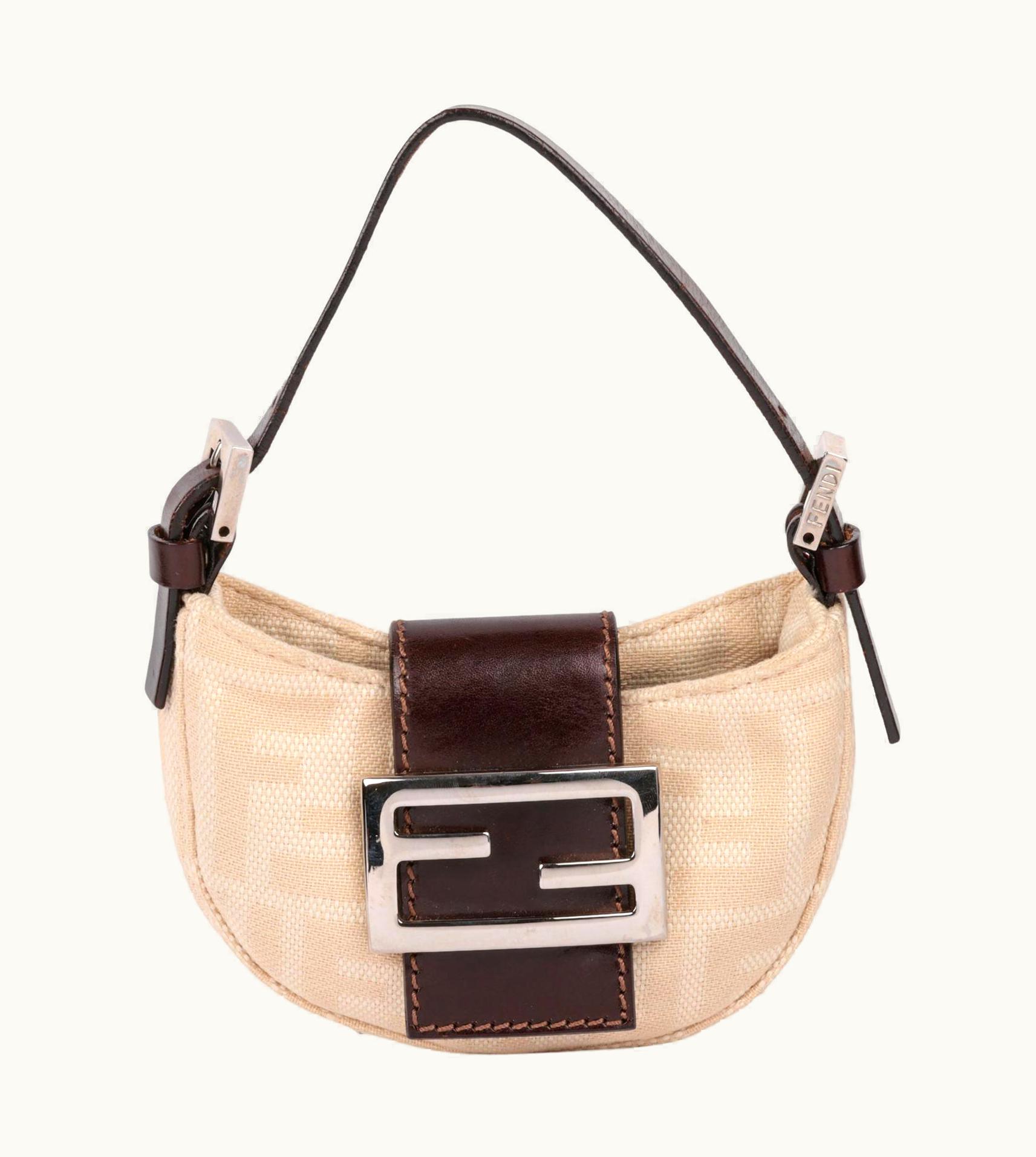 Fendi Fendi Beige Zucca Canvas & Brown Calfskin Leather Vintage Nano Baguette