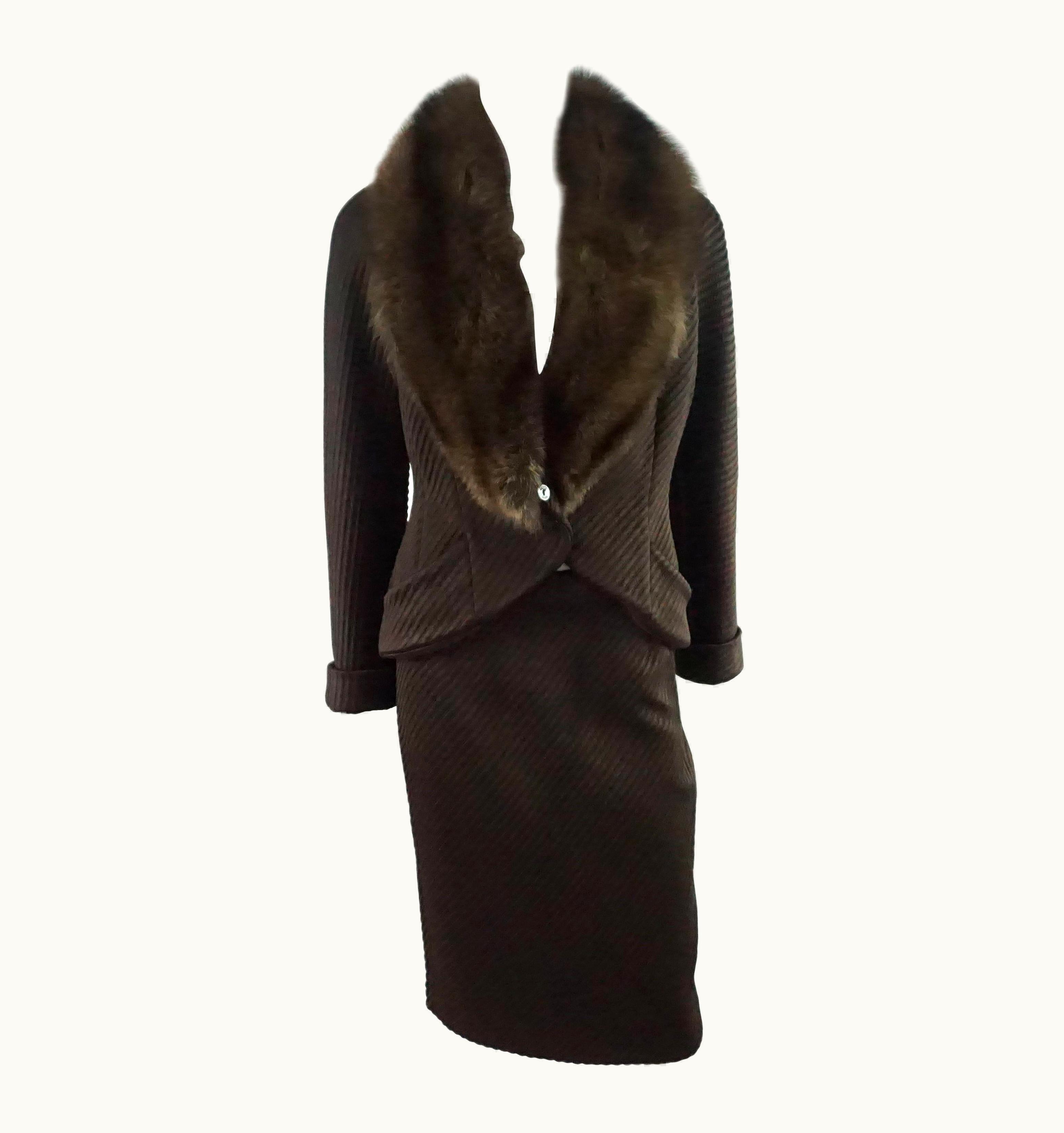 Fendi Fendi Chocolate Brown Ribbed Skirt Suit With Fisher Fur Collar