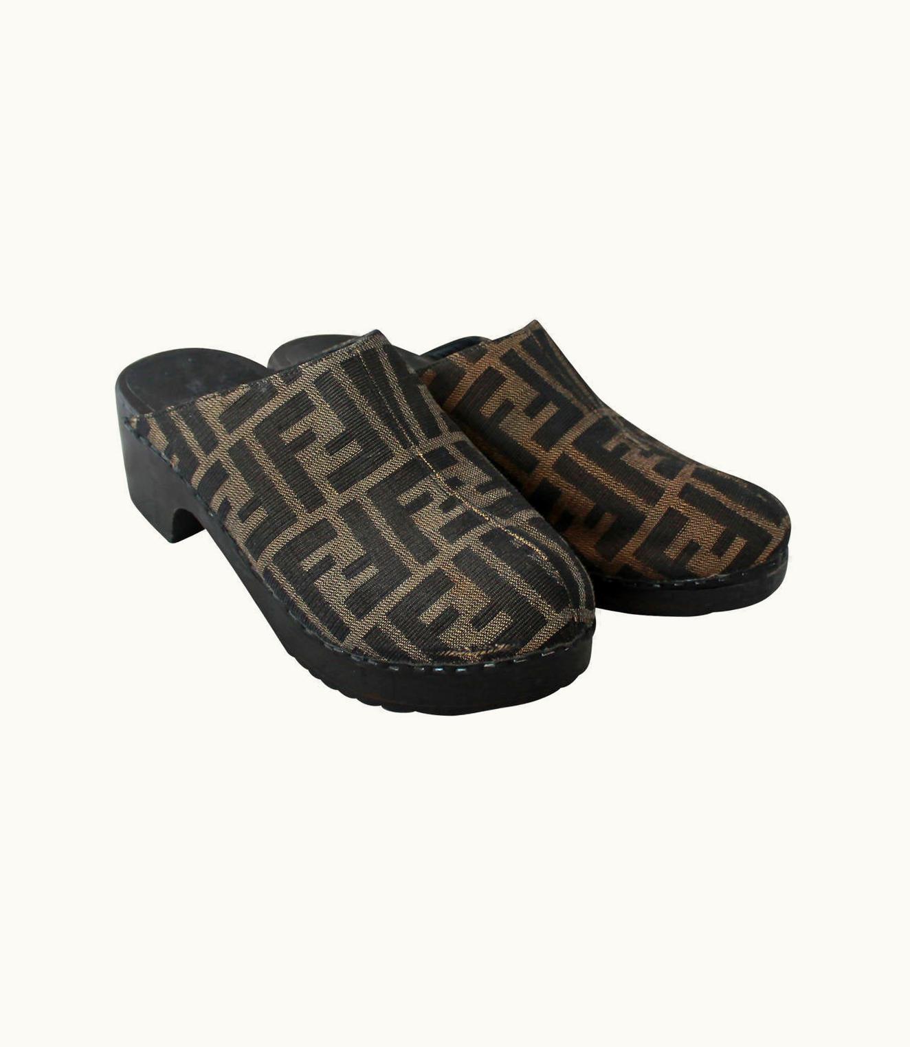 Fendi Fendi Brown Monogram Printed Fabric Clogs