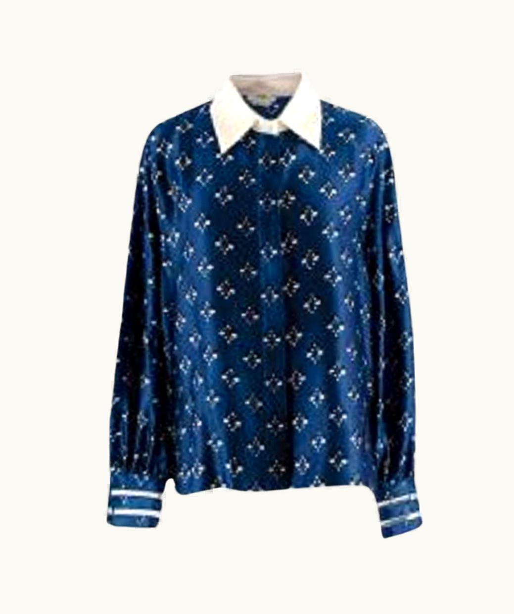 Fendi Fendi Blue & Cream Silk Patterned Collared Shirt UZ0598794