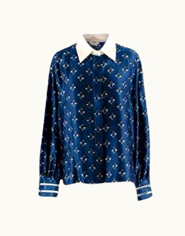 Fendi Fendi Blue & Cream Silk Patterned Collared Shirt UZ0598796