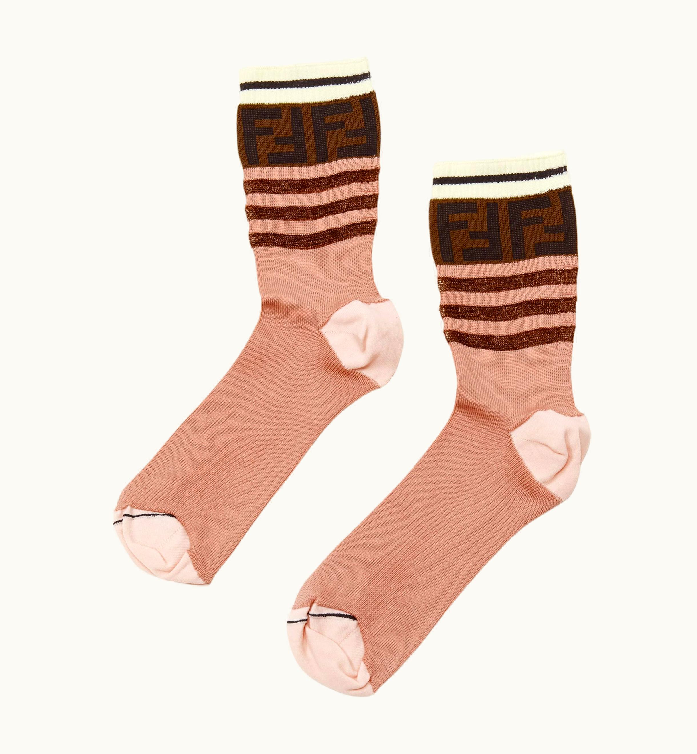 Fendi Fendi Brown Ff Zucca Monogram Pink Striped Socks