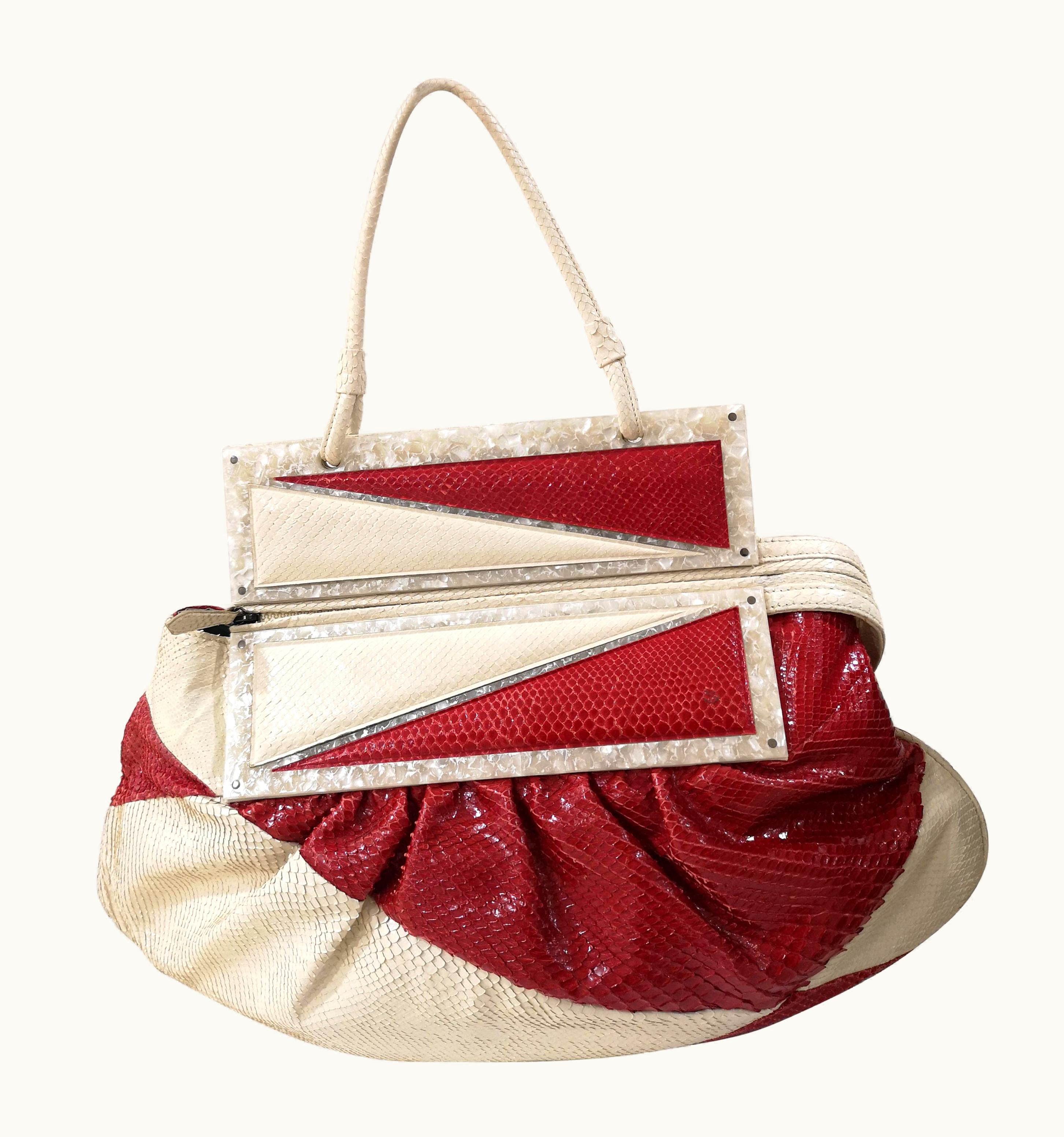 Fendi Fendi Python Skin Cream And Red Shoulder Bag