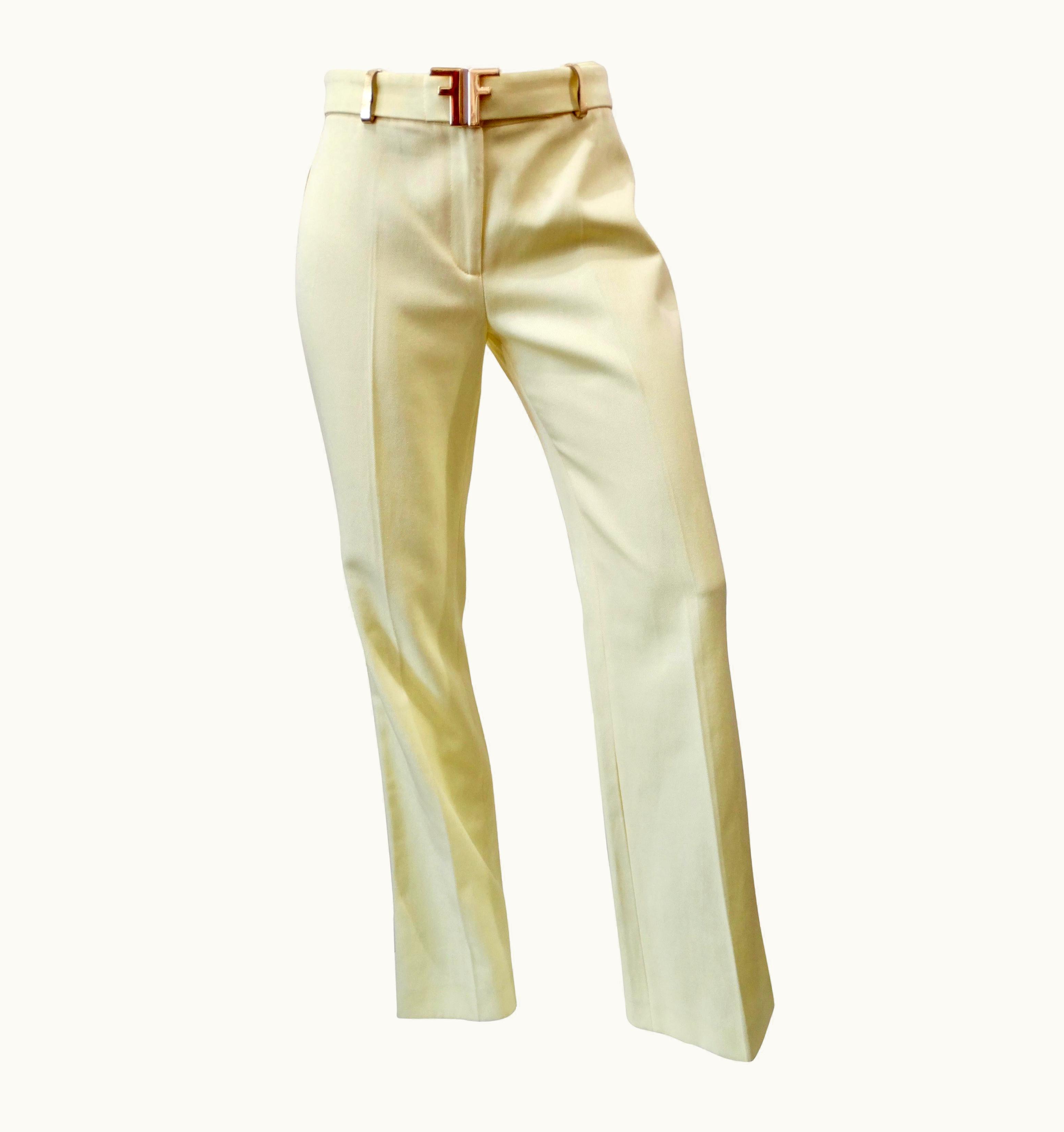 Fendi Fendi 1990s Pastel Yellow Pants With Logo Belt