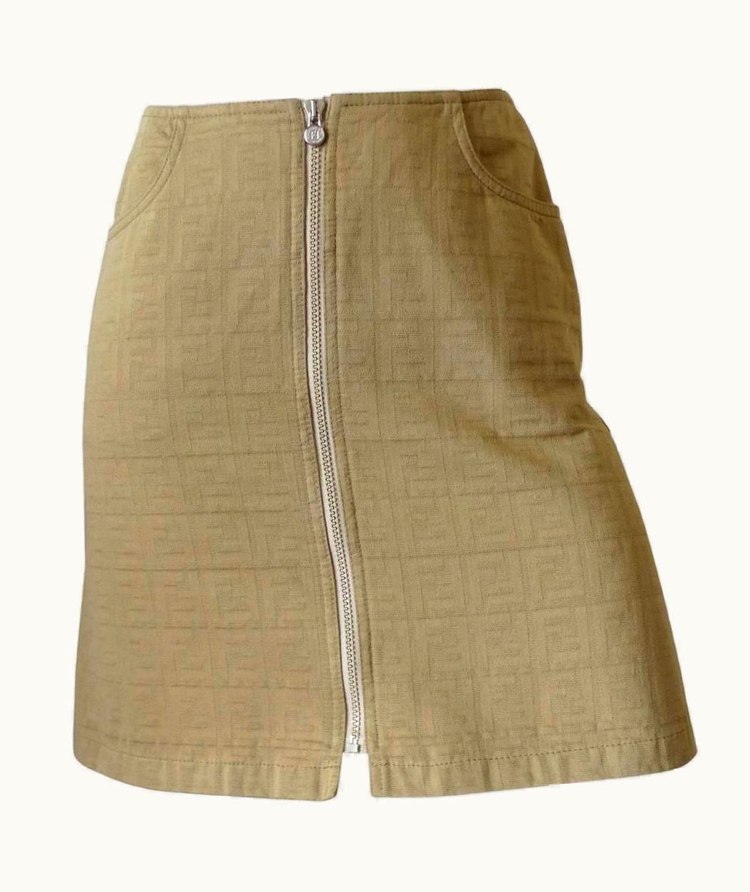 Fendi 1990s Fendi Tan Zucca Zip Up Denim Skirt
