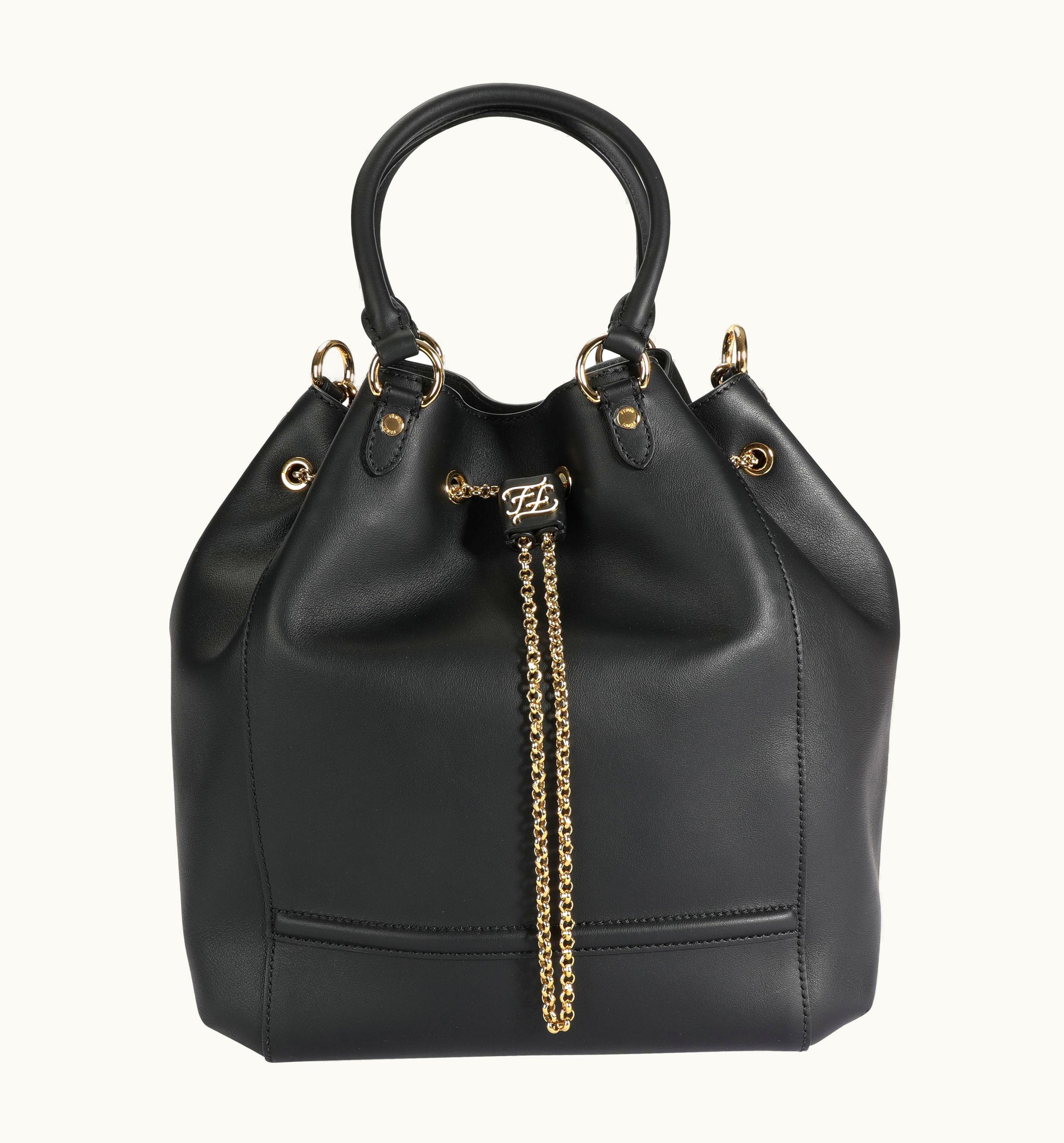Fendi Fendi Black VItello Leather Karligraphy Chain Bucket Bag