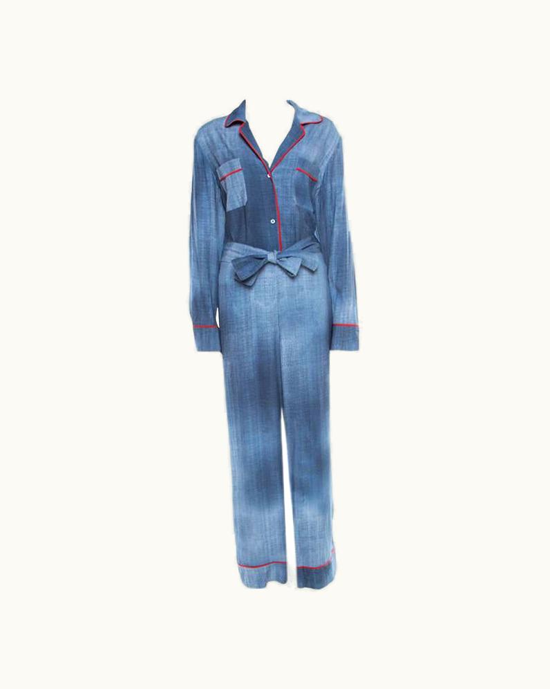 Fendi Fendi Indigo Denim Effect Printed Belted Jumpsuit