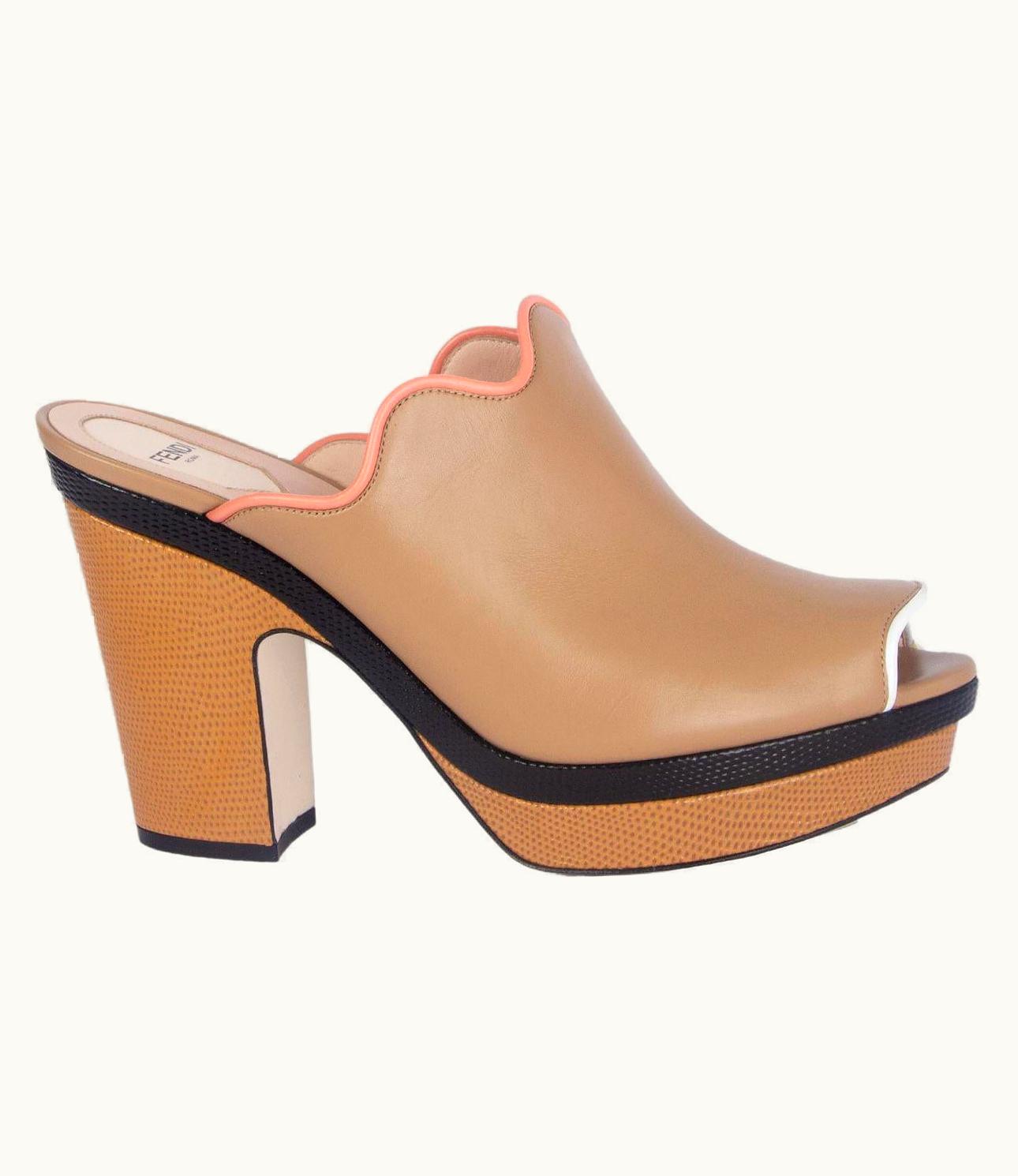 Fendi Fendi Beige Leather Platform Mule Sandals Shoes