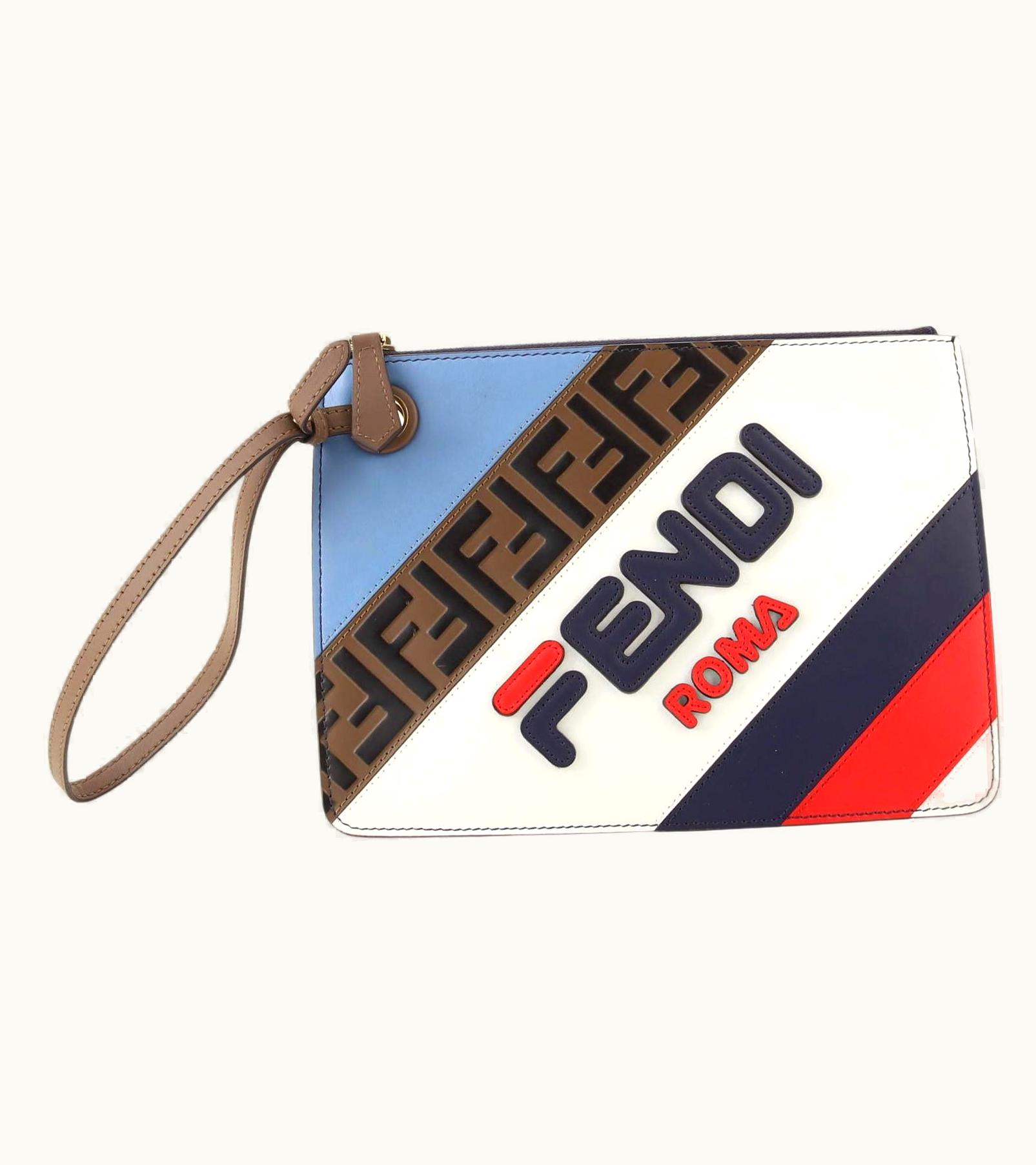 Fendi Fendi Mania Logo Zip Pouch Inlaid Leather Small