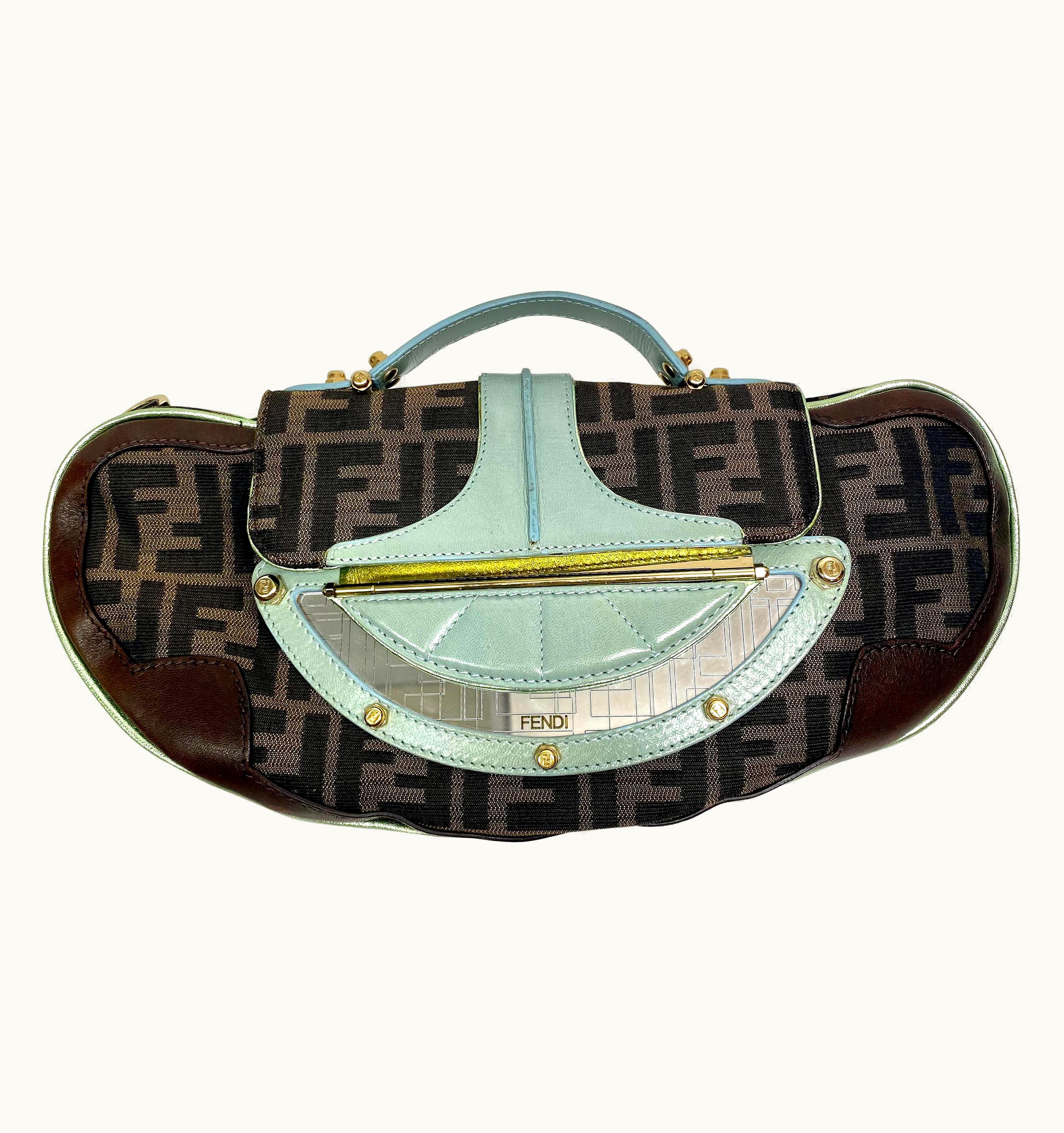 Fendi Fendi Canvas And Aqua Leather Vanity Mirror Clutch Handbag