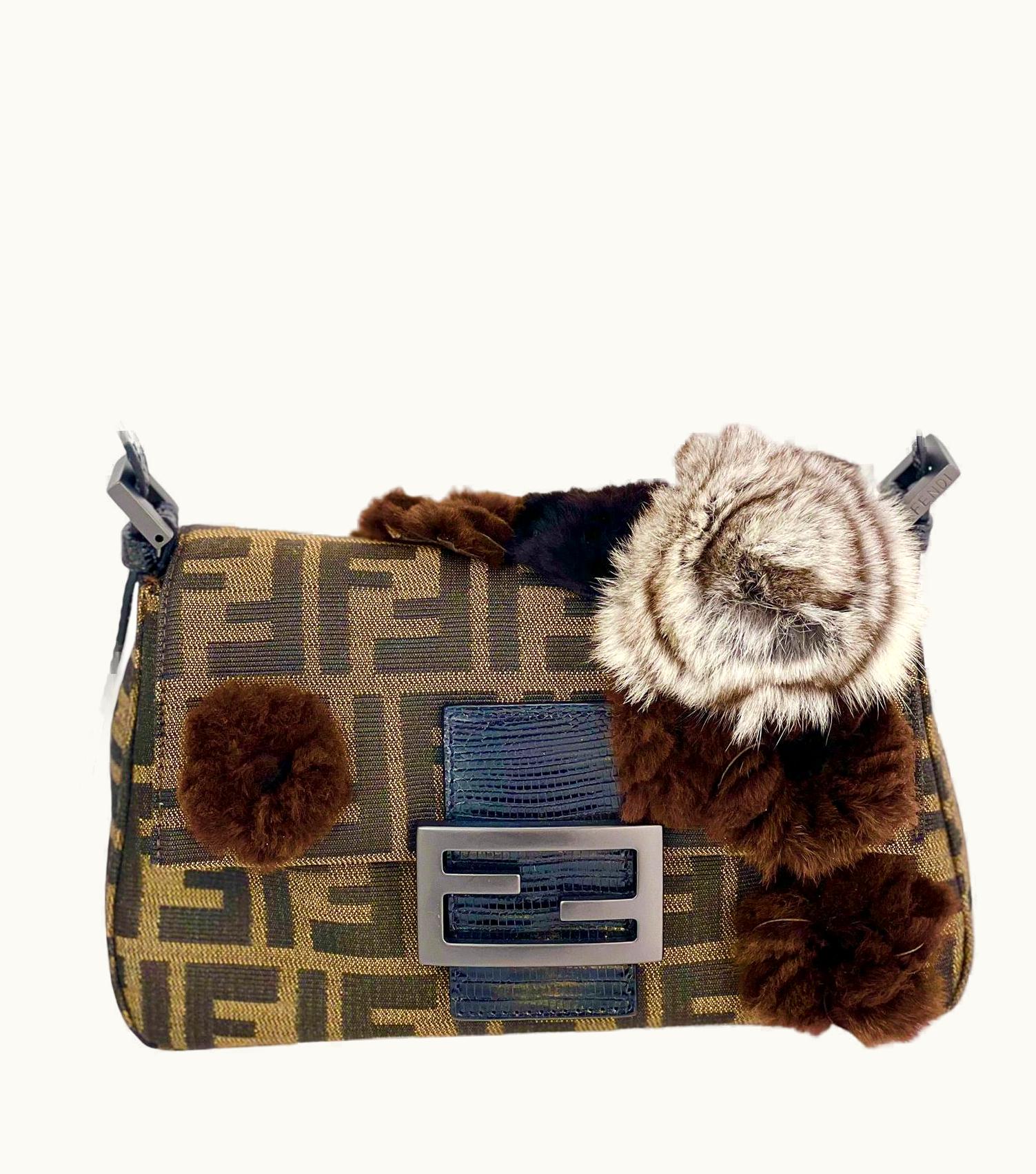 Fendi Fendi Zucchino Mini Mama Baguette With Rabbit Embellishments Bag