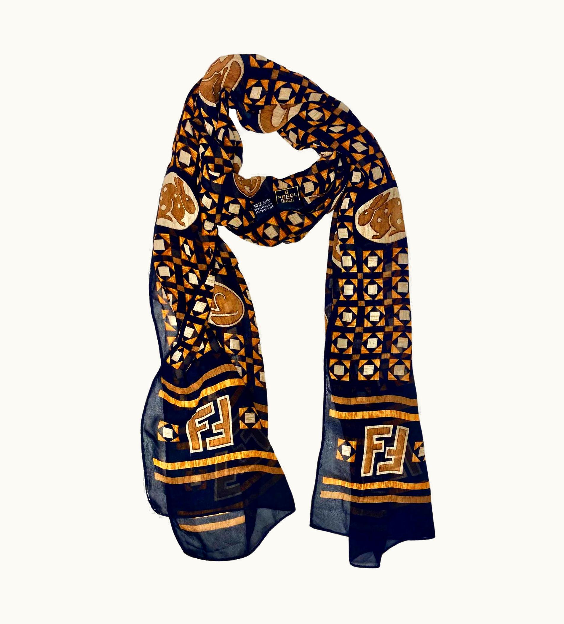 Fendi 2000s Fendi Ff Logo And Animal Figurine Chiffon Scarf