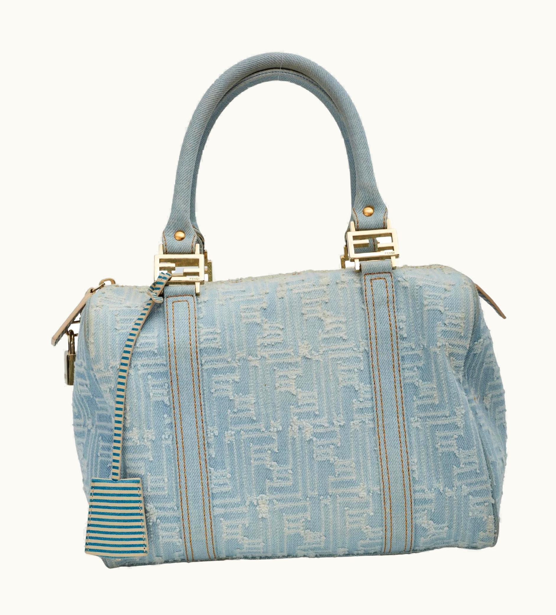 Fendi Fendi Vintage Blue Denim Zucca Bauletto Boston 25 Handbag