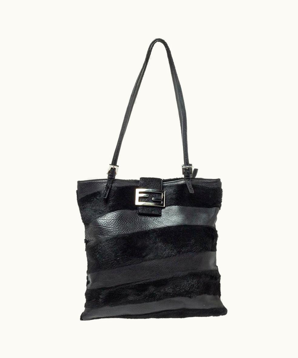 Fendi Fendi Black Stripe Leather And Calfhair Ff Flap Tote