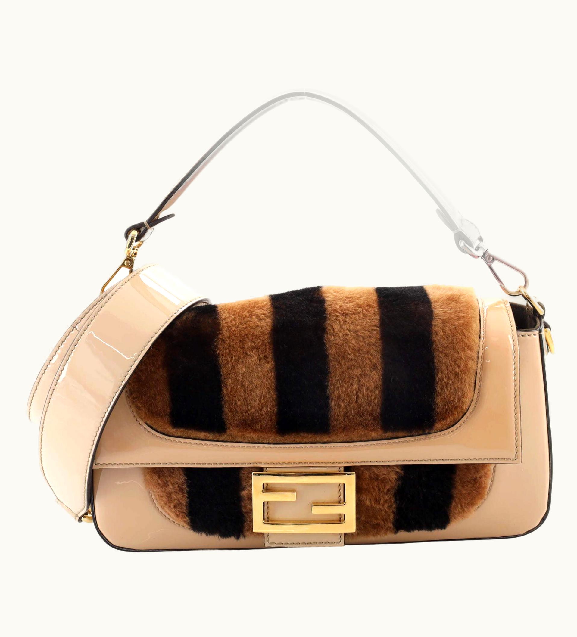 Fendi Fendi Be Baguette Bag Pequin Shearling With Patent Mini