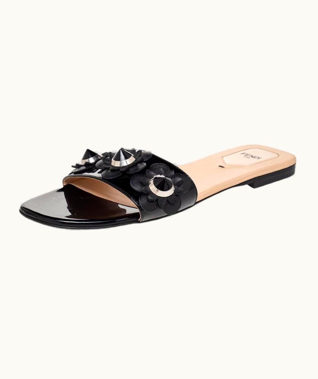 Fendi Fendi Black Patent Leather Embellished Flat Slides