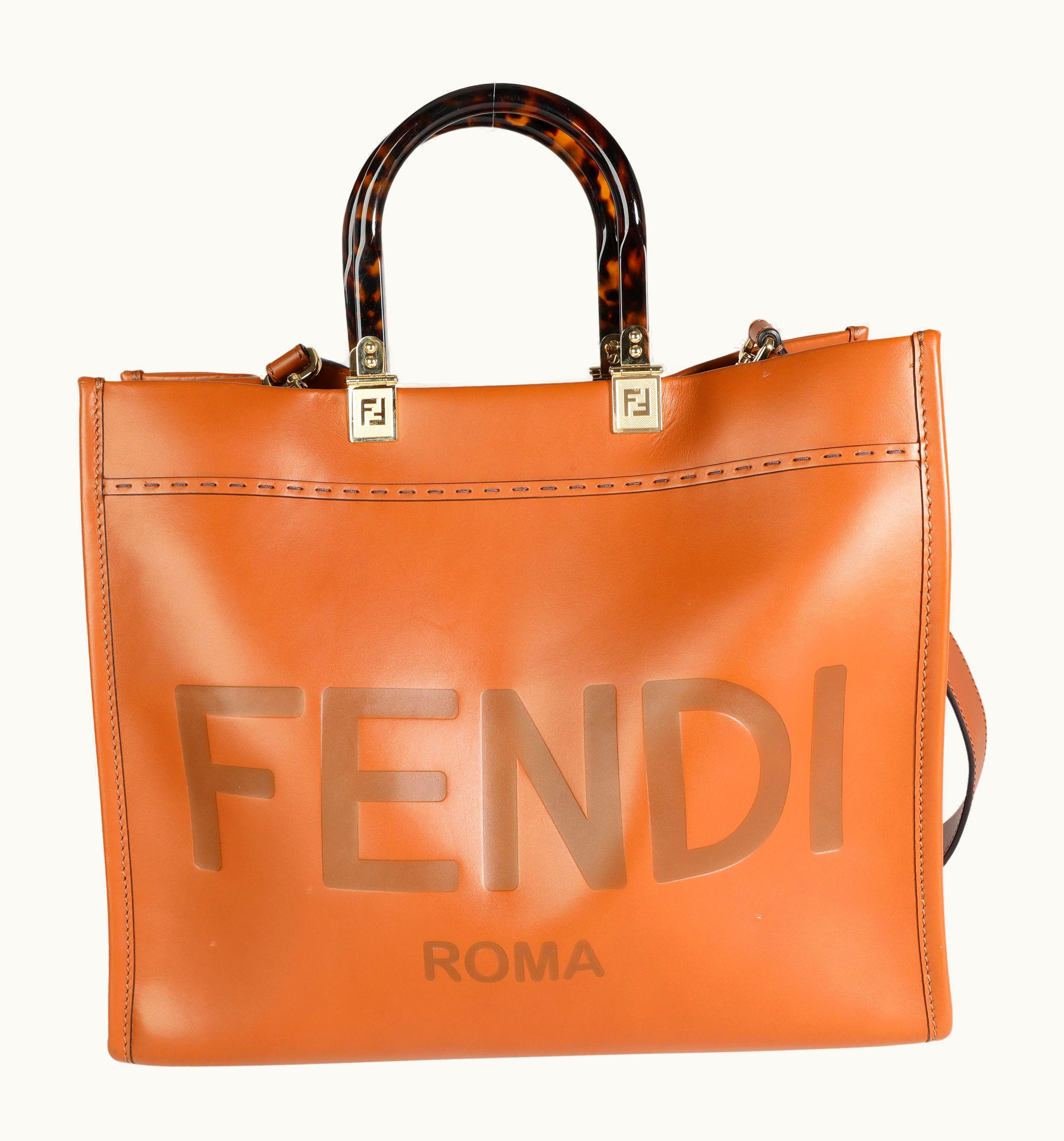 Fendi Fendi Medium Sunshine Shopper Brown Debossed Leather Handbag