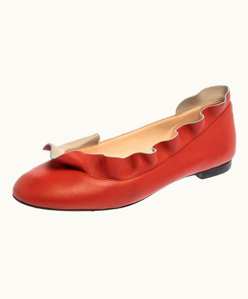 Fendi Fendi Red Leather Ruffle Trim Ballet Flats