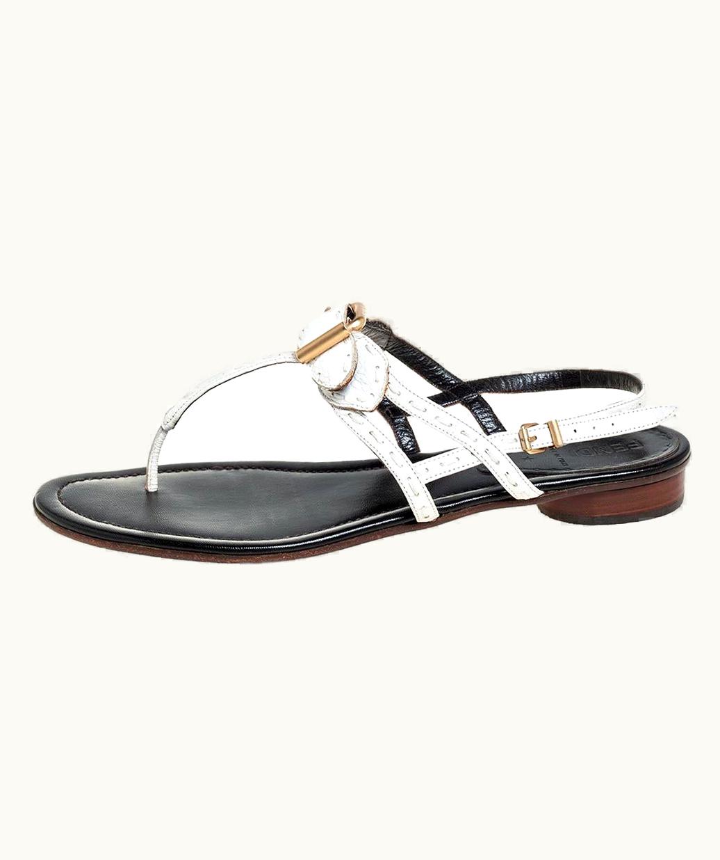 Fendi Fendi White Leather T-Strap Flat Sandals