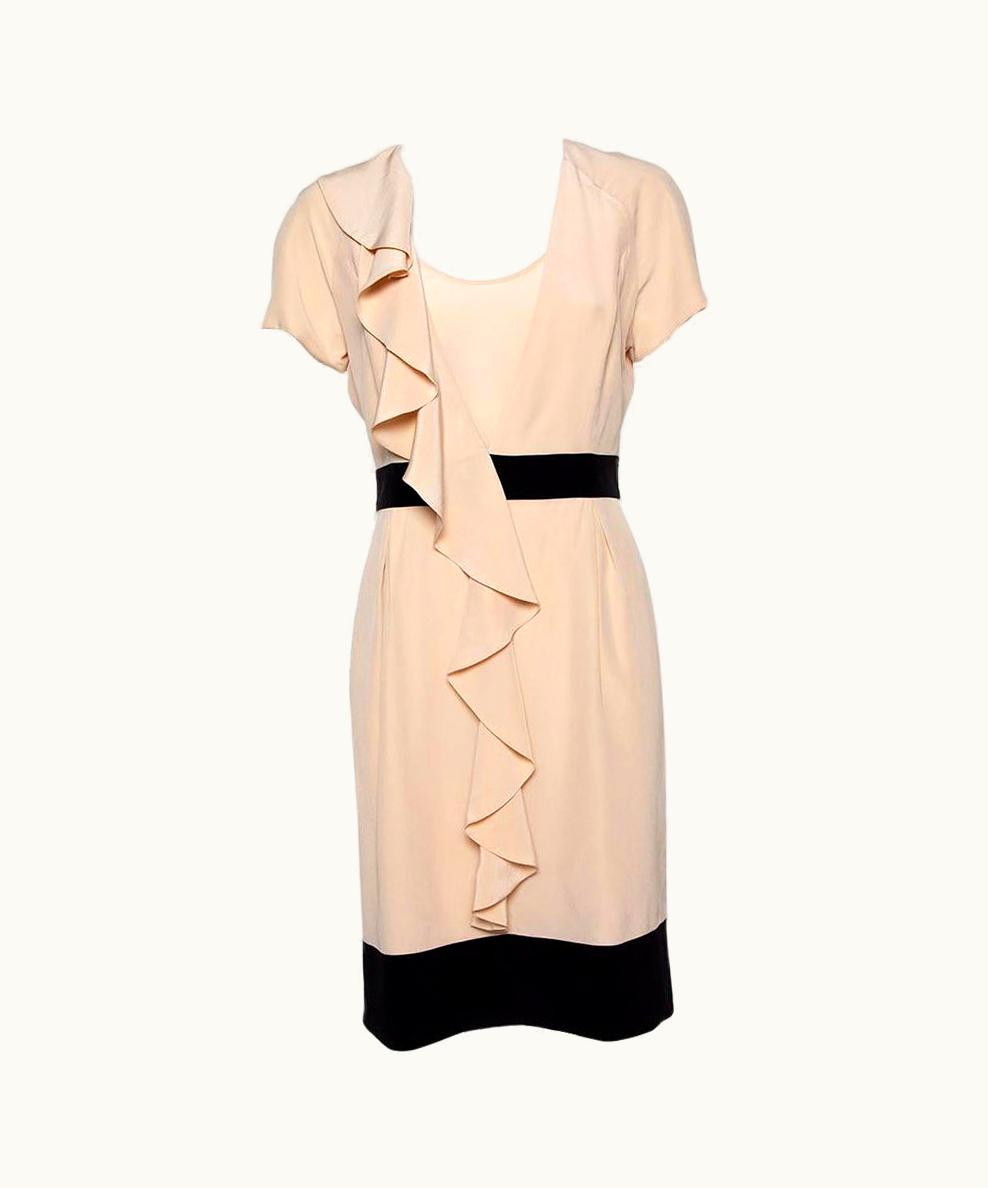 Fendi Fendi Beige Silk Contrast Detail Ruffled Midi Dress
