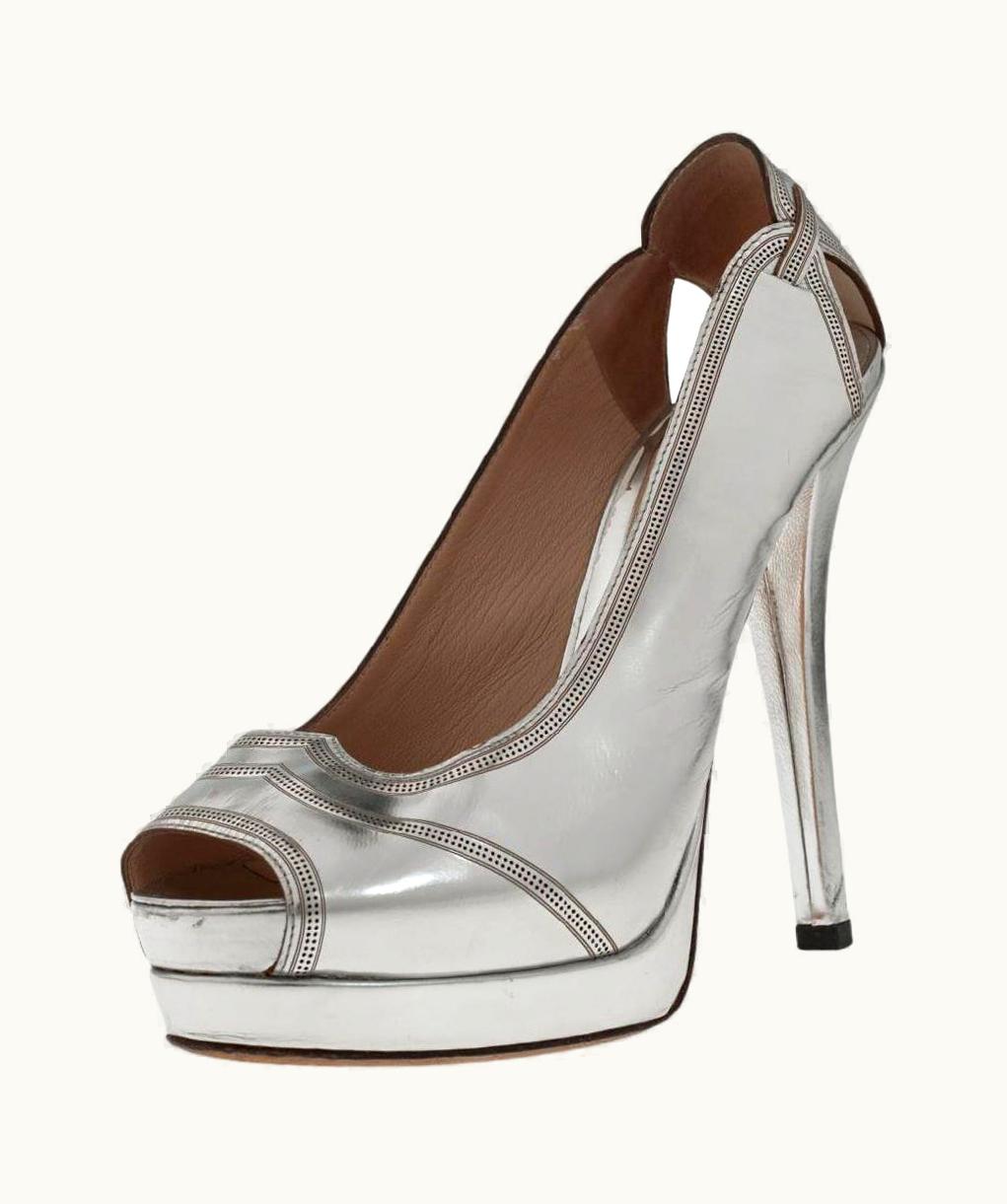 Fendi Fendi Silver Patent Leather Peep Toe Pumps
