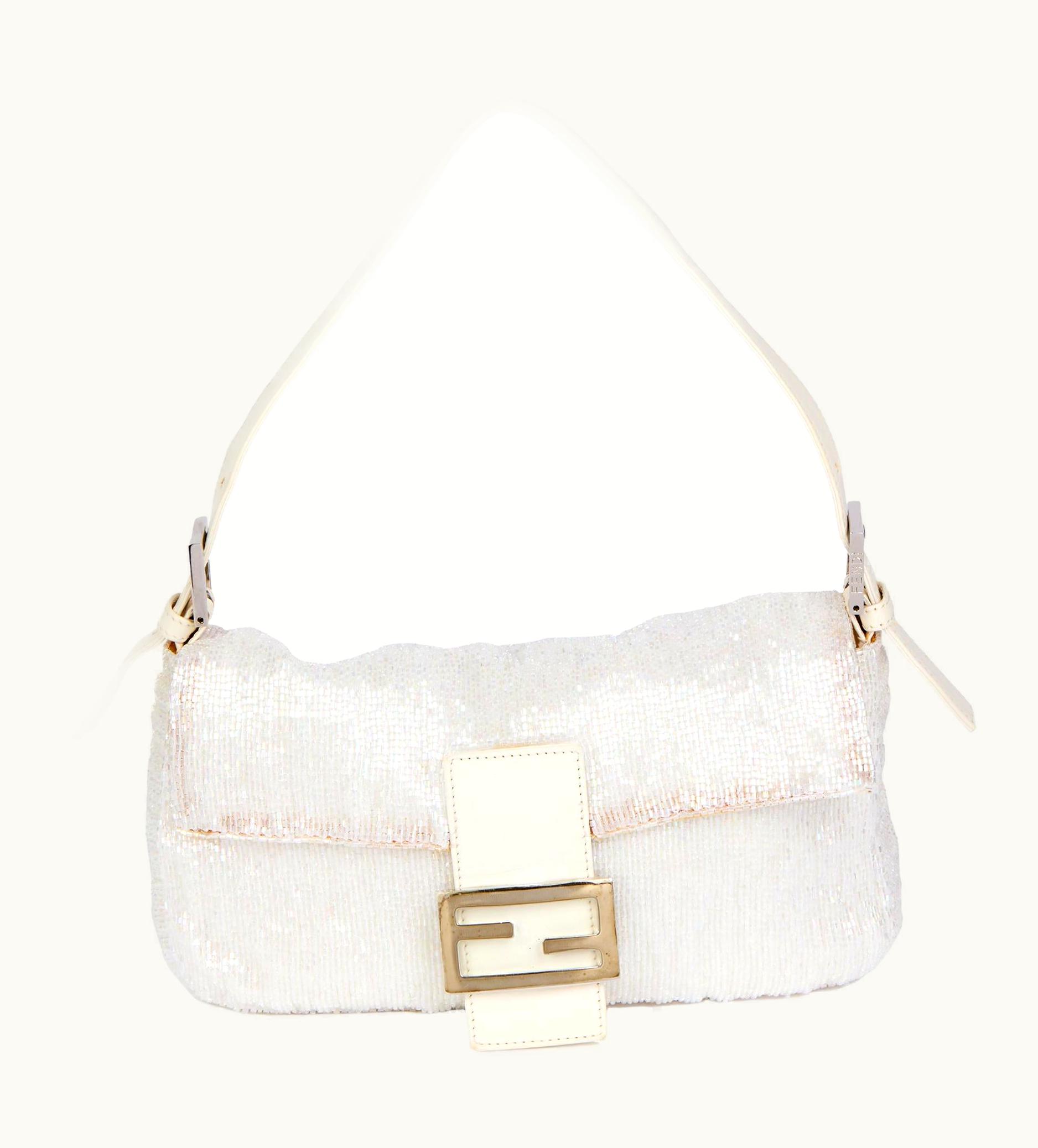 Fendi Fendi White Iridescent Embellished Satin & Calfskin Leather Vintage Baguette