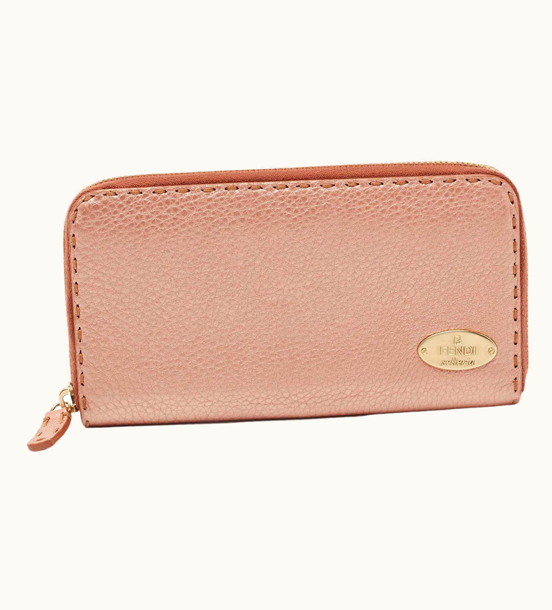 Fendi Fendi Metallic Rose Gold Leather Selleria Zip Around Wallet