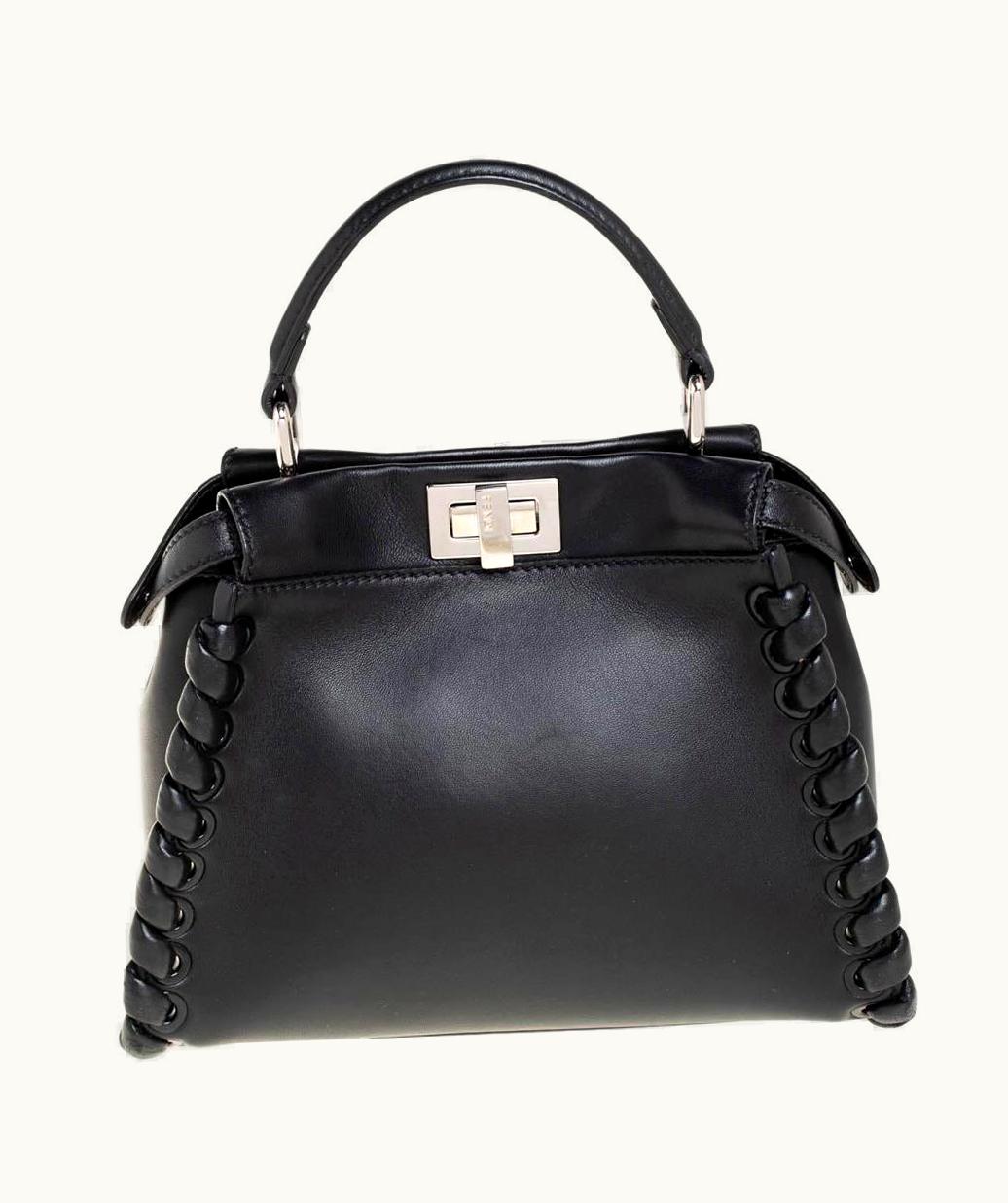 Fendi Fendi Black Leather Mini Whipstitched Peekaboo Top Handle Bag