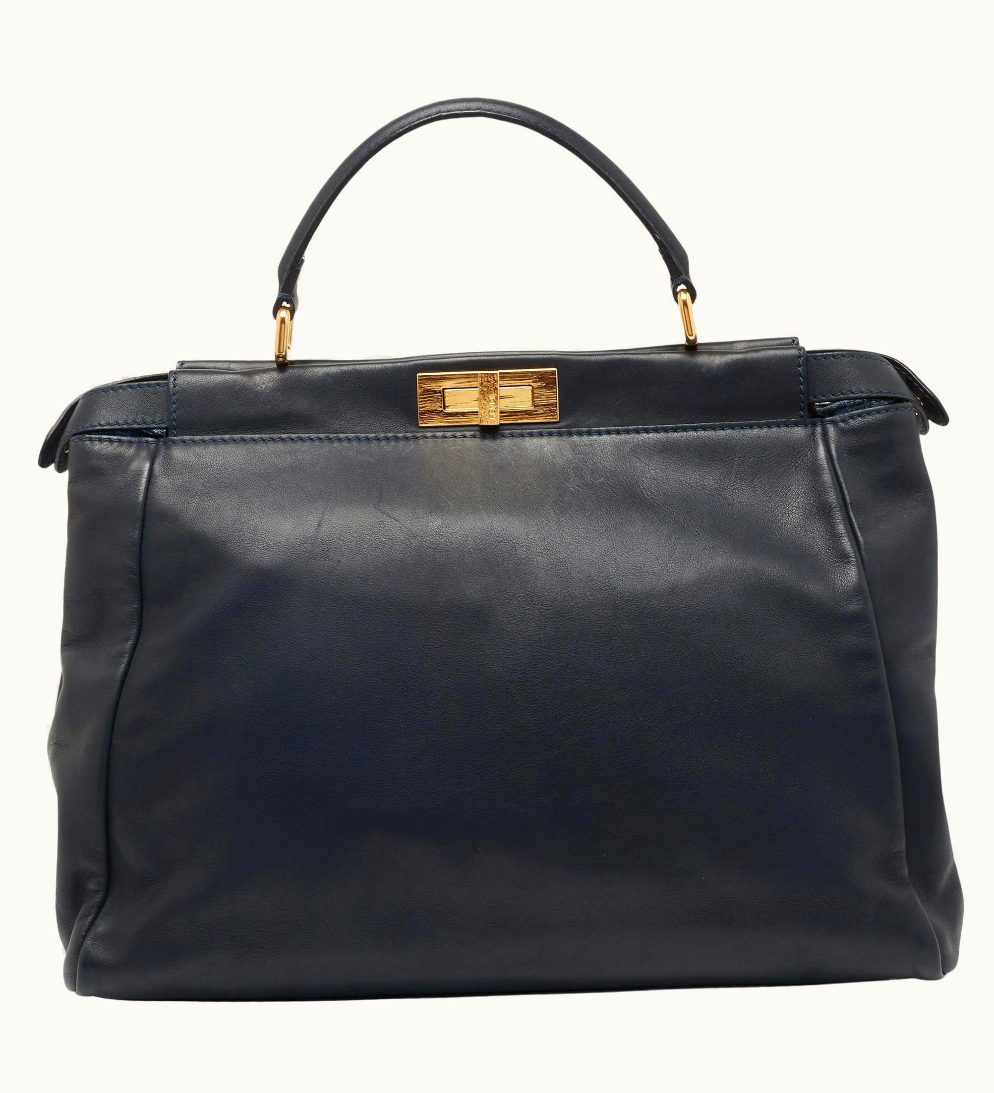 Fendi Fendi Dark Blue Leather Large Peekaboo Top Handle Bag