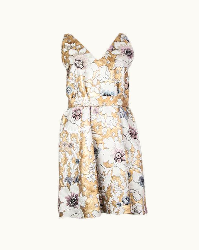 Fendi Fendi White & Gold Brocade Godet Belted Sleeveless Dress