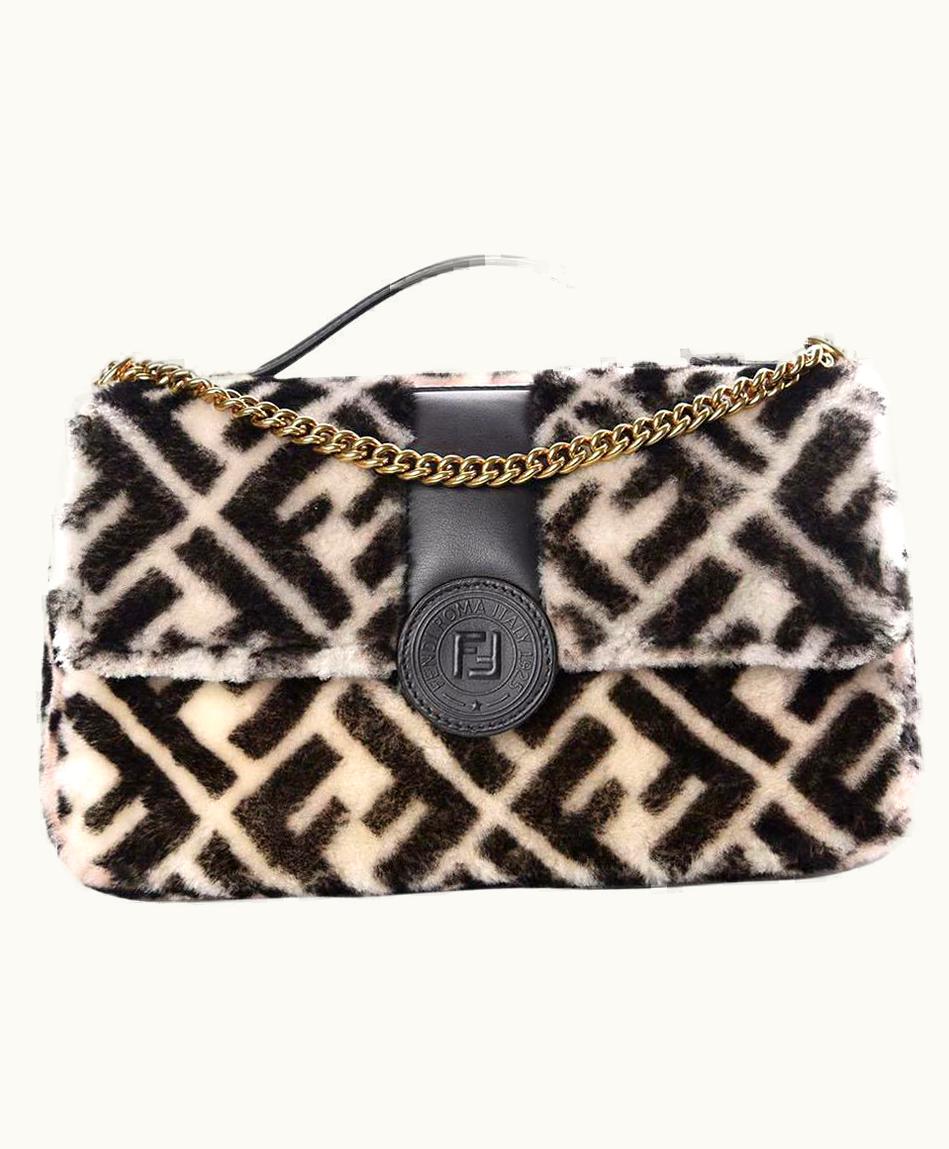 Fendi Fendi 1974 Double F Logo Print Shearling Shoulder Bag