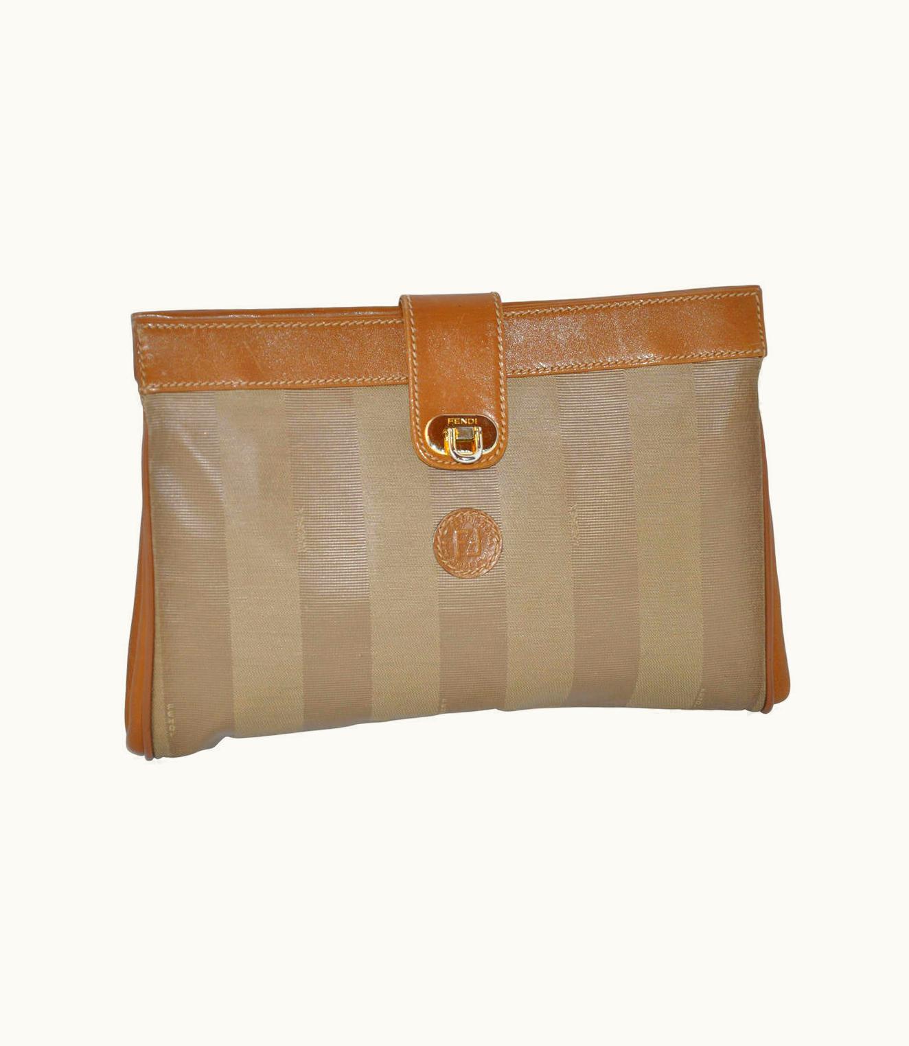 Fendi Fendi Beige Calfskin Combined With Textured Silk Monogram Clutch