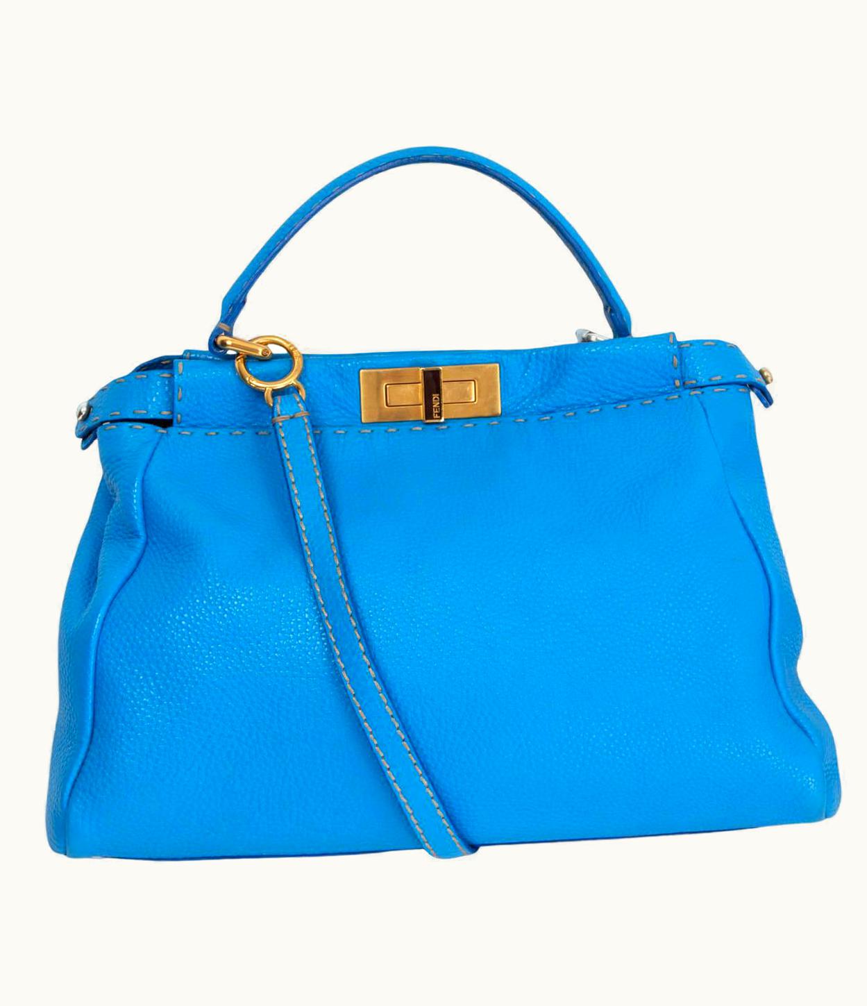 Fendi Fendi Blue Leather Selleria Peekaboo Medium Bag Romano/Raffia