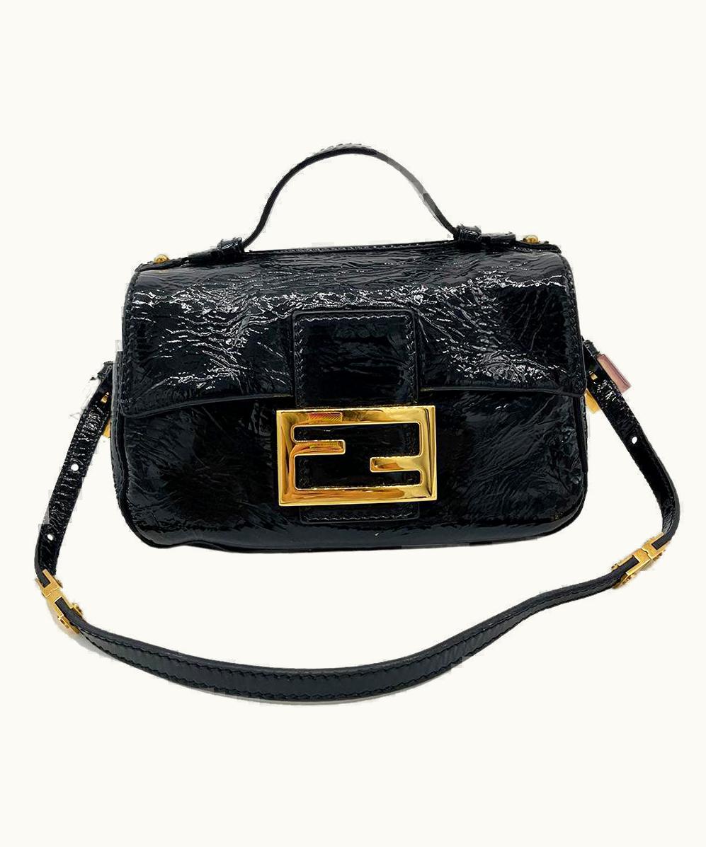 Fendi Fendi Zucca Black Patent and Silk Double Mini Baguette