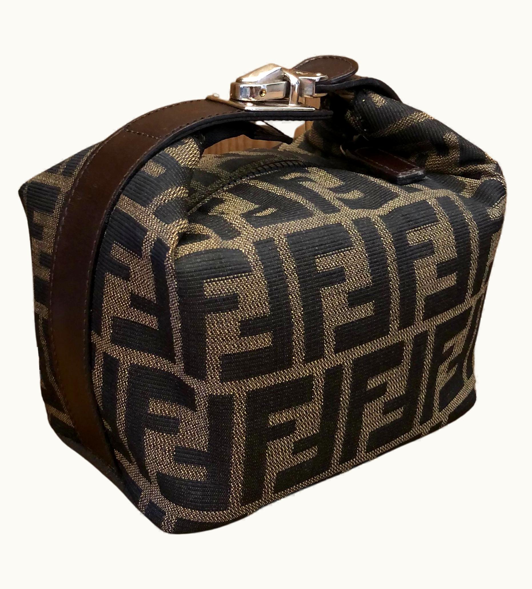 Fendi Vintage Fendi Brown Zucca Jacquard Mini Vanity Pouch Silver Hw