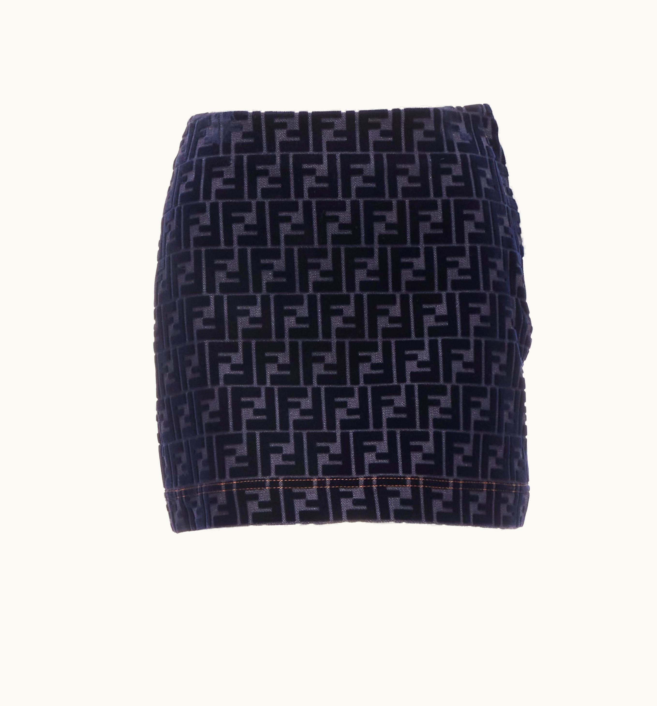 Fendi Fendi Ff Zucca Monogram Velvet Flocking Mini Denim Skirt
