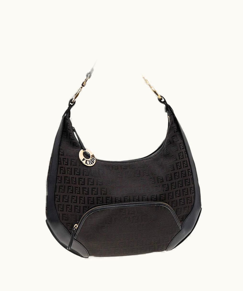 Fendi Fendi Black/Brown Zucchino Canvas And Leather Pocket Chef Hobo UZ0599159