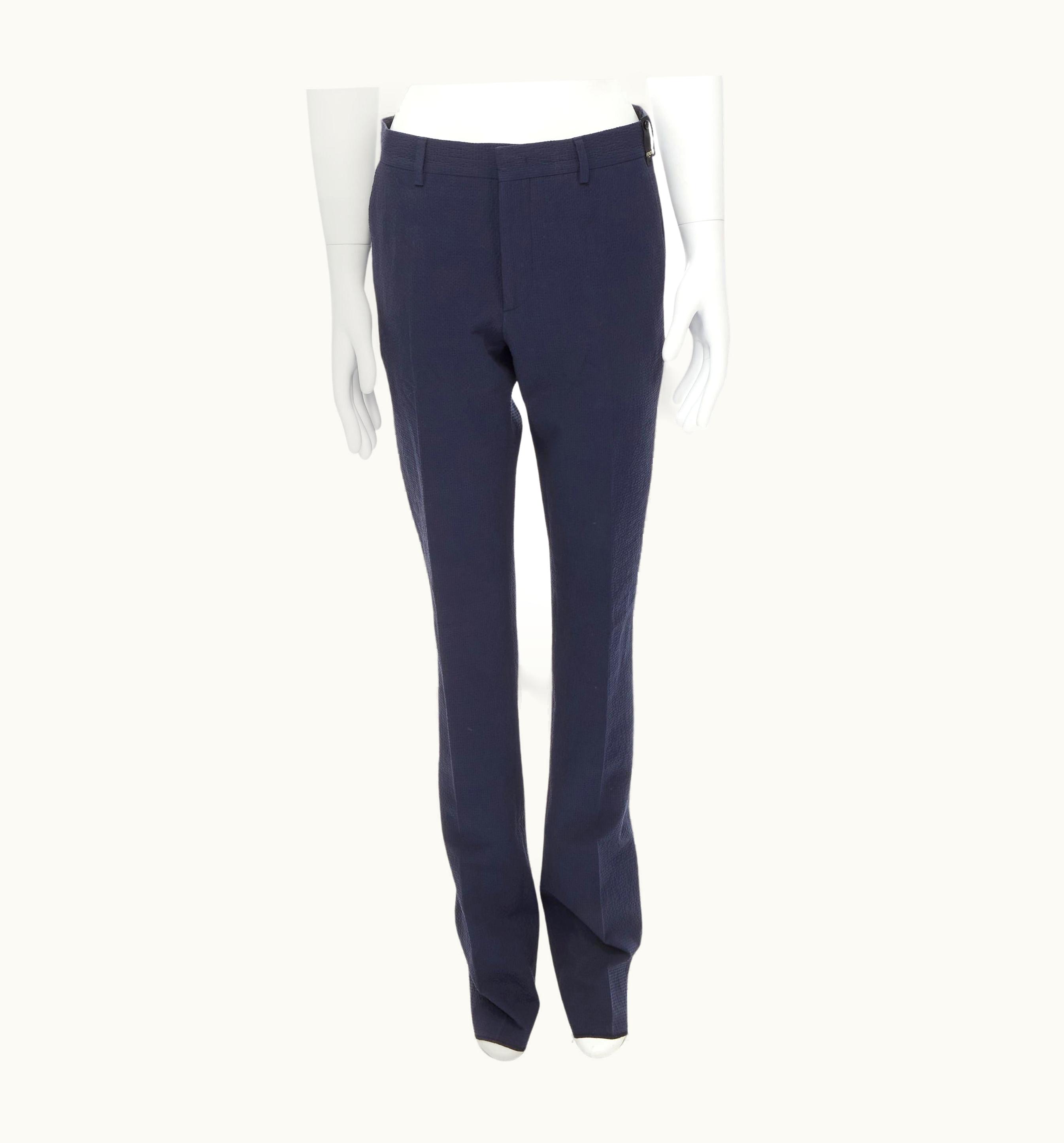 Fendi Fendi Navy Blue Seersucker Cotton Blend Trousers Pants