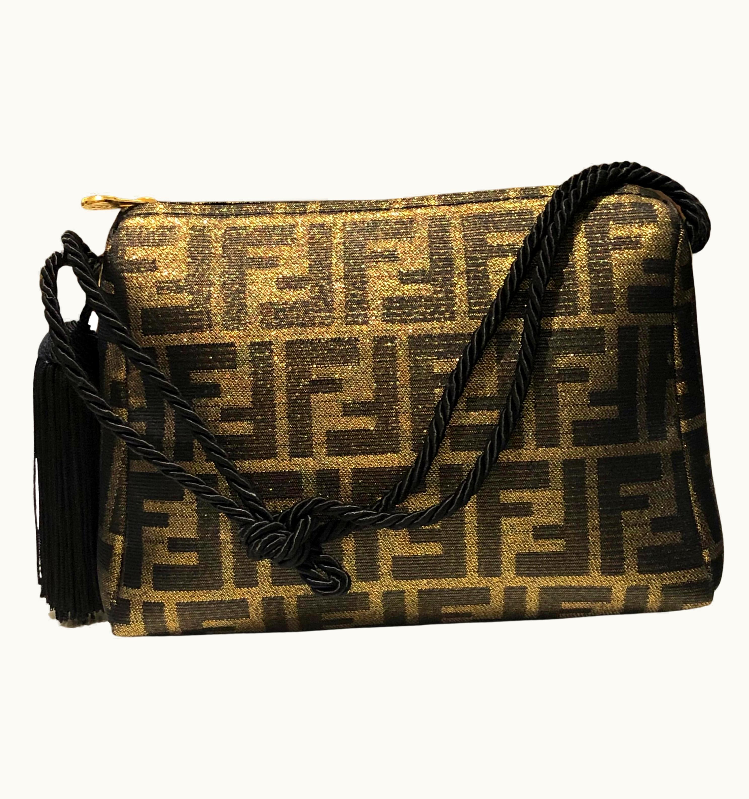 Fendi Super Rare Vintage Fendi Gold Zucca Jacquard Tassel Pouch Bag