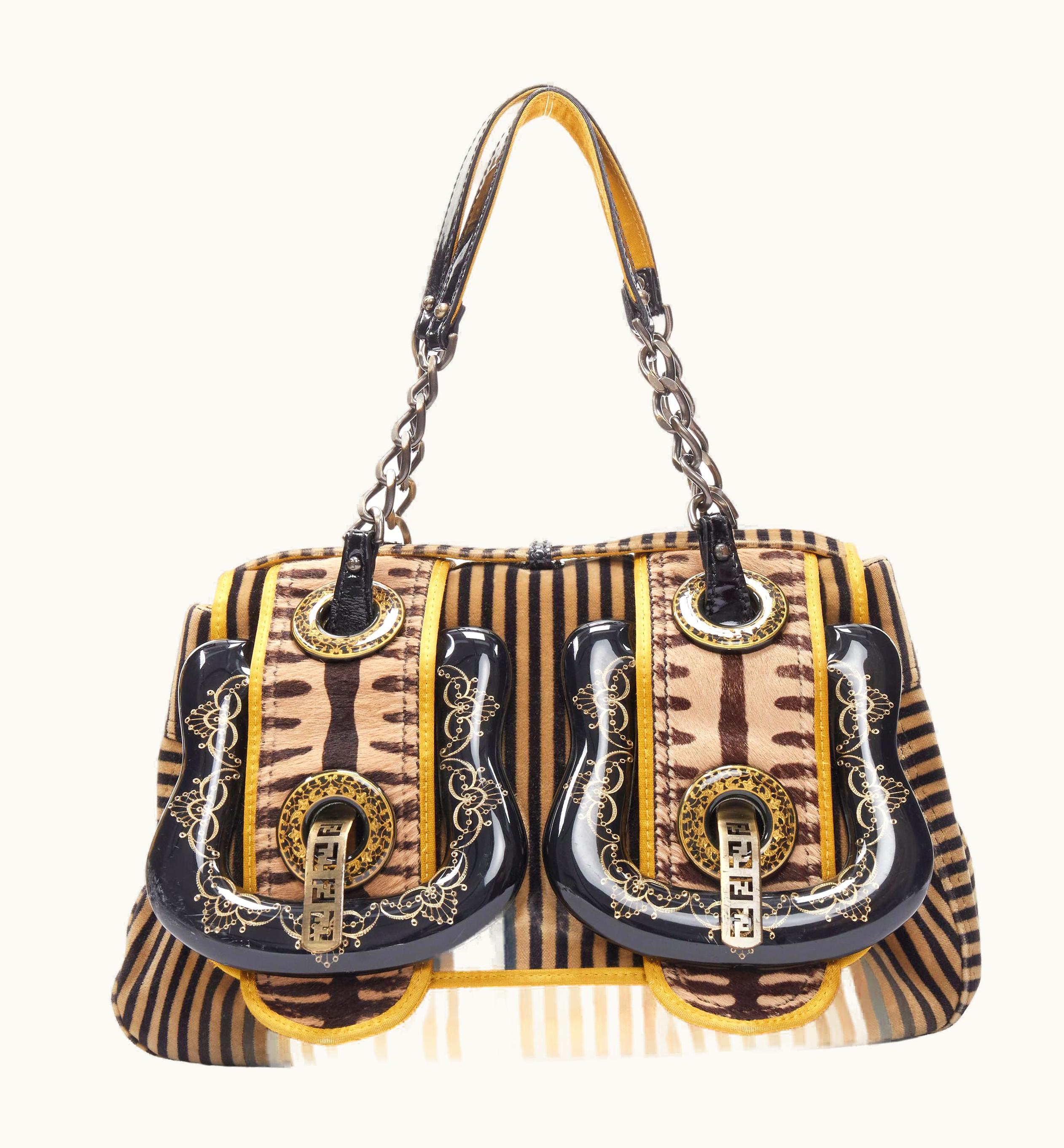 Fendi Rare Fendi Borsa Brown Striped Velvet Barocco Buckle Satchel Bag