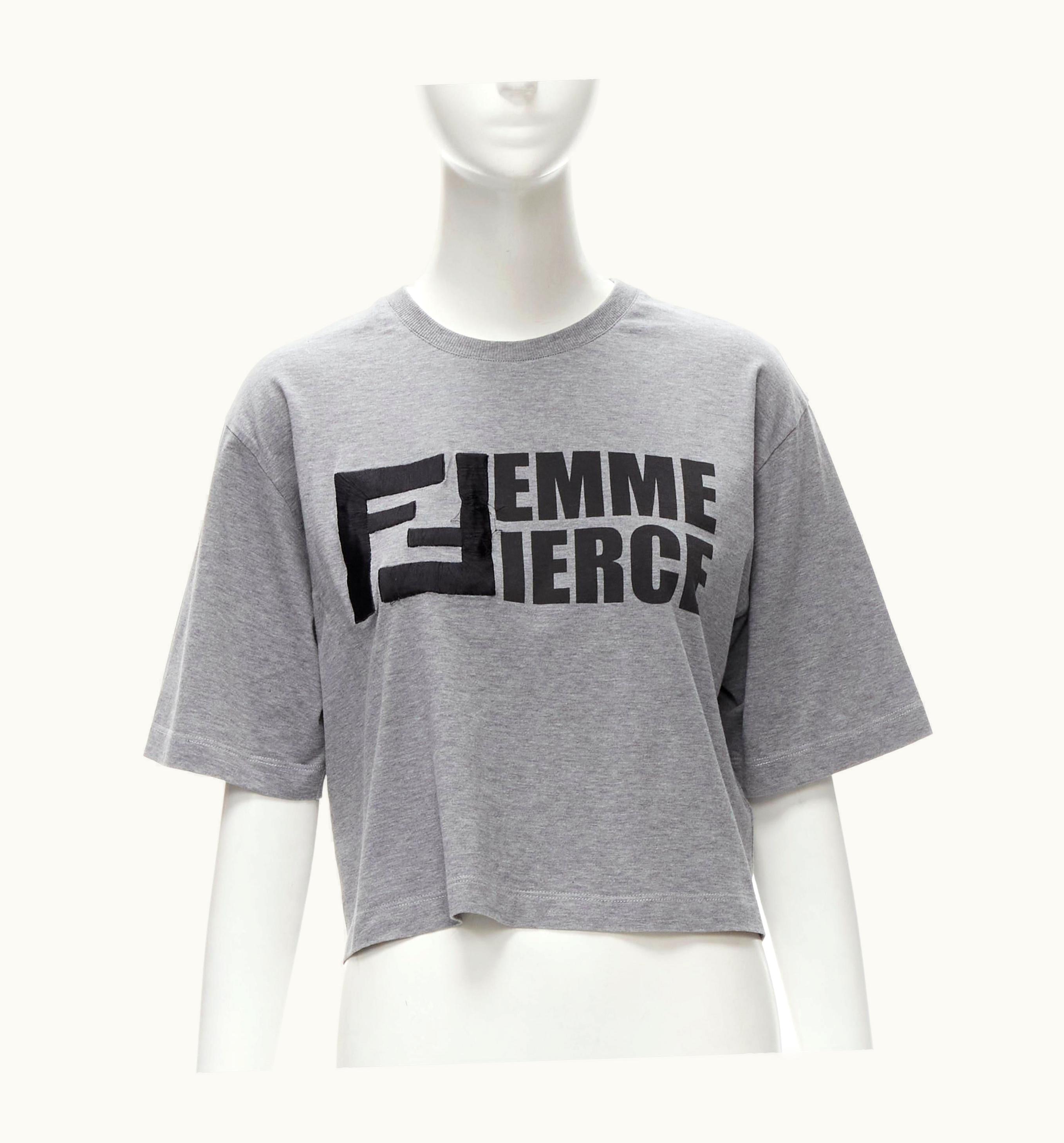 Fendi Fendi Femme Fierce Embroidery Ff Logo Grey Cropped Cotton Tshirt