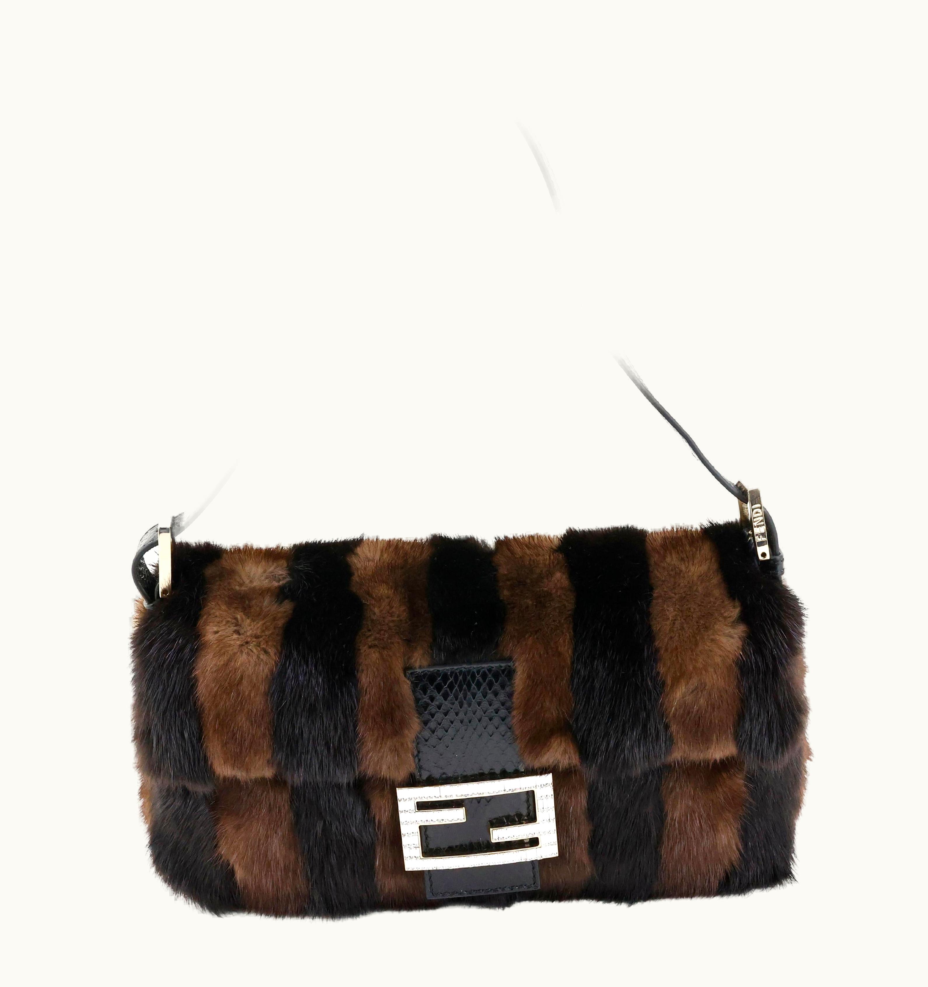 Fendi Rare Fendi Baguette In Fur + Snake Leather Crystal Embellished Logo