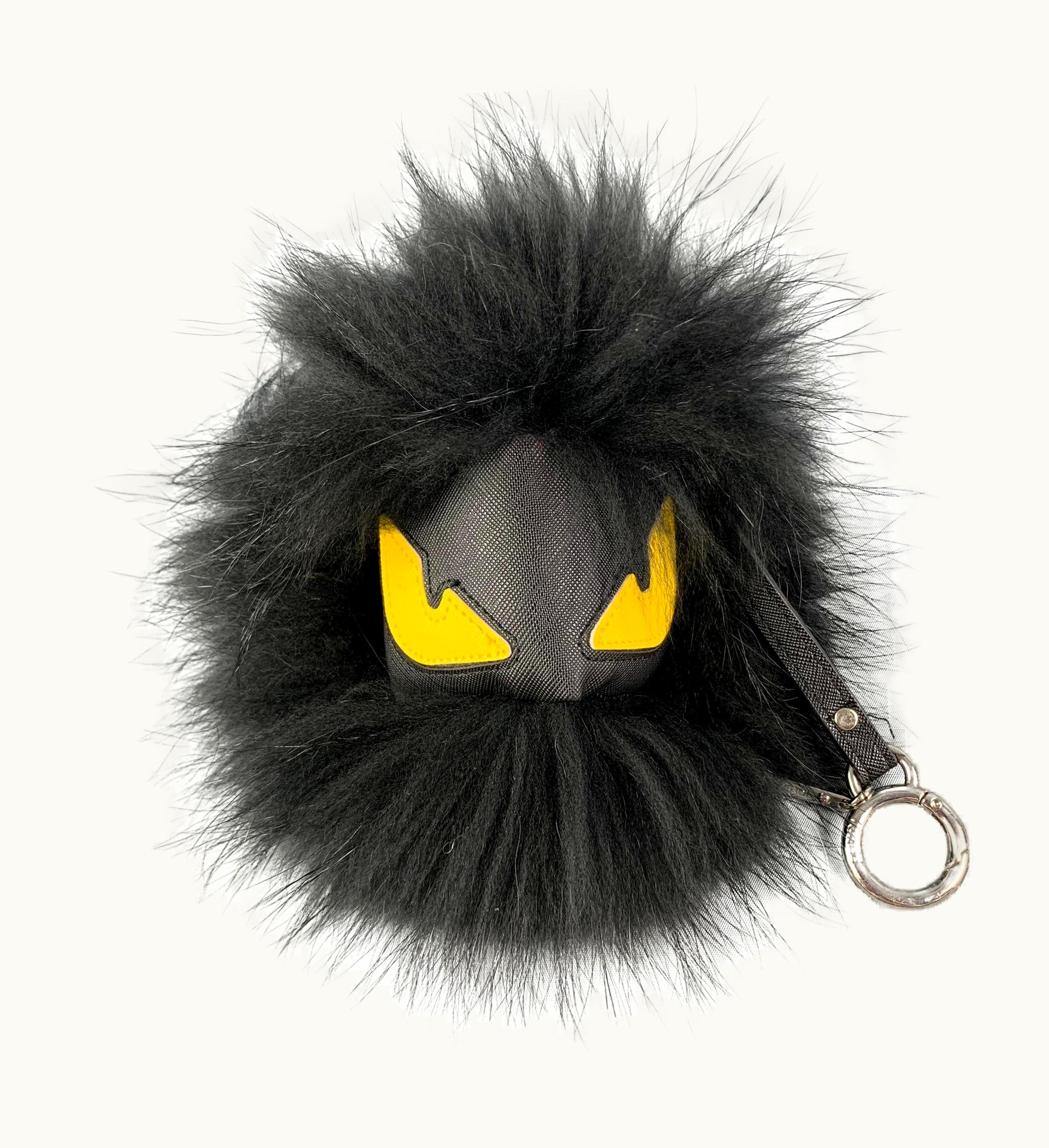 Fendi Fendi Black Yellow Leather Fox Fur Bag Bug Charm Keyring