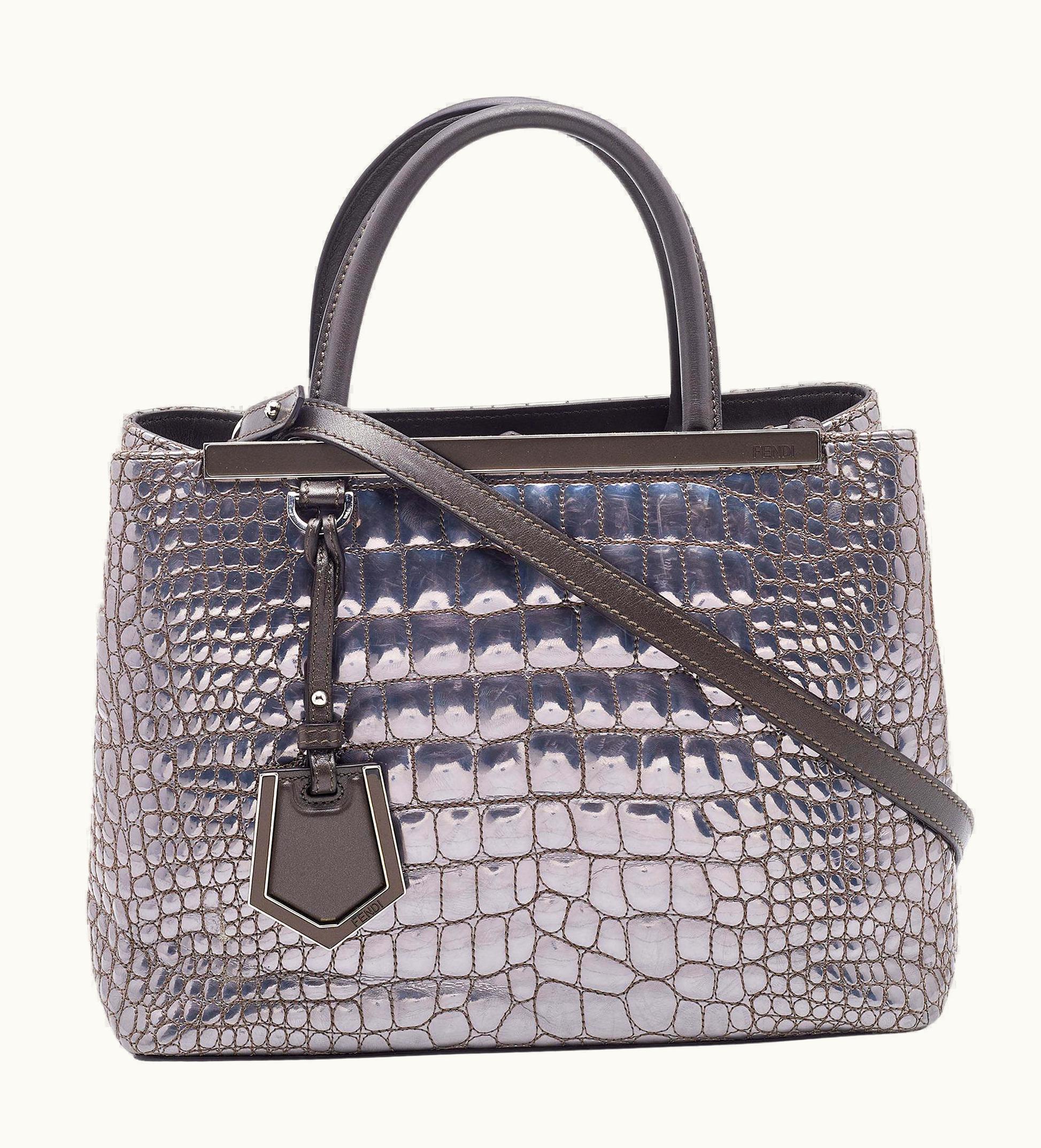 Fendi Fendi Silver/Brown Croc Embossed Patent Leather Small 2Jours Tote