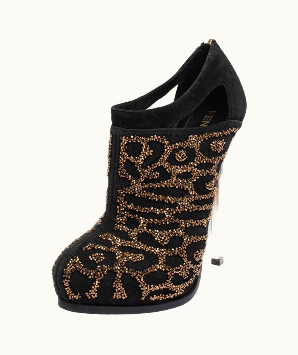 Fendi Fendi Black Suede Crystal Embellished Platform Ankle Booties