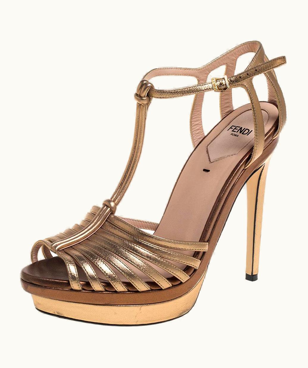 Fendi Fendi Metallic Gold Leather Platform T Strap Sandals