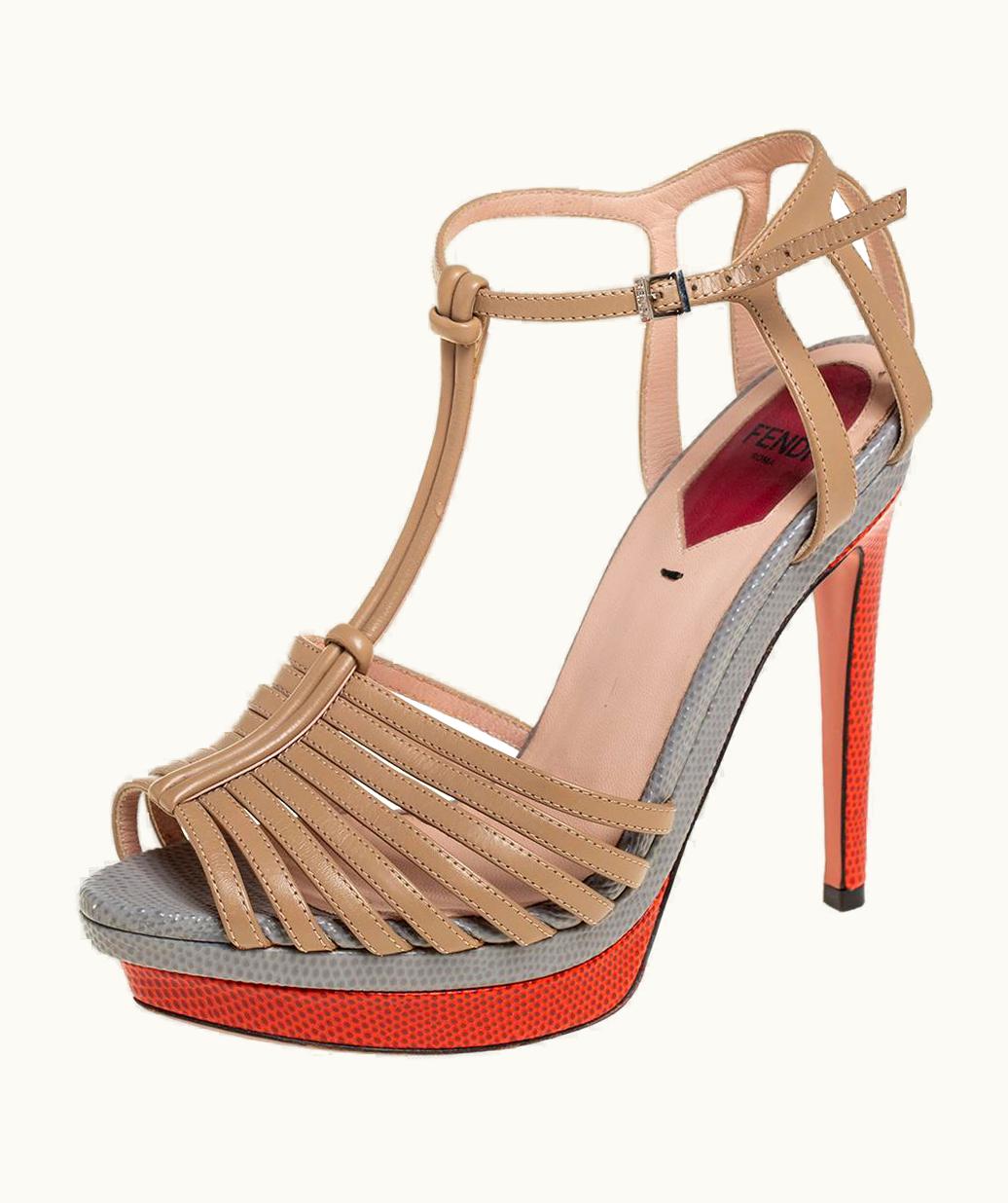 Fendi Fendi Beige Leather Strappy Platform Ankle Strap Sandals