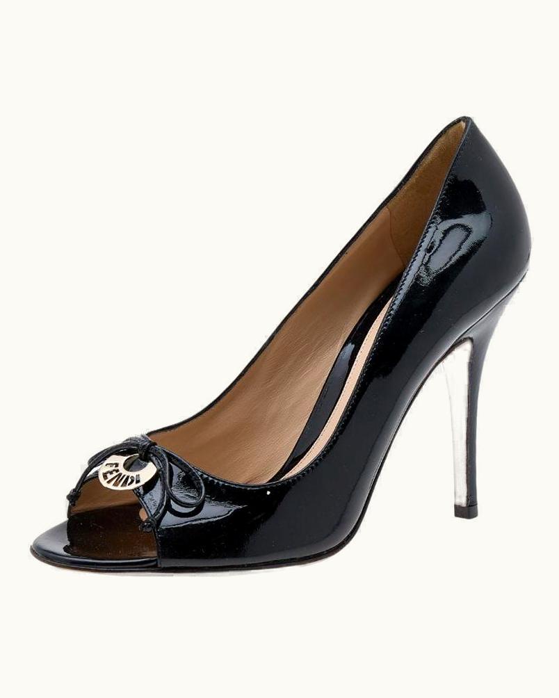 Fendi Fendi Black Patent Leather Bow Peep Toe Pumps