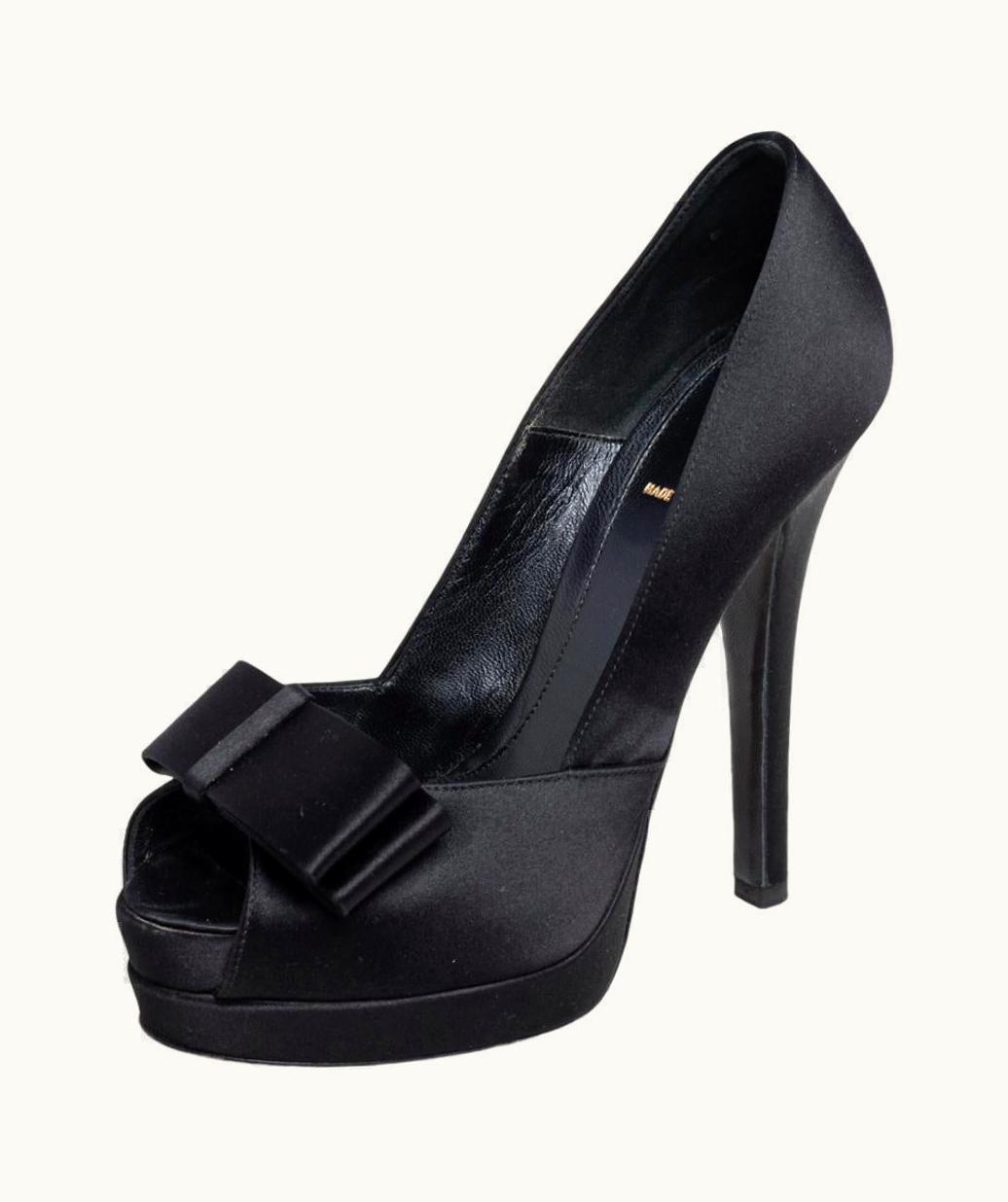Fendi Fendi Black Satin Bow Open Toe Platform Pumps