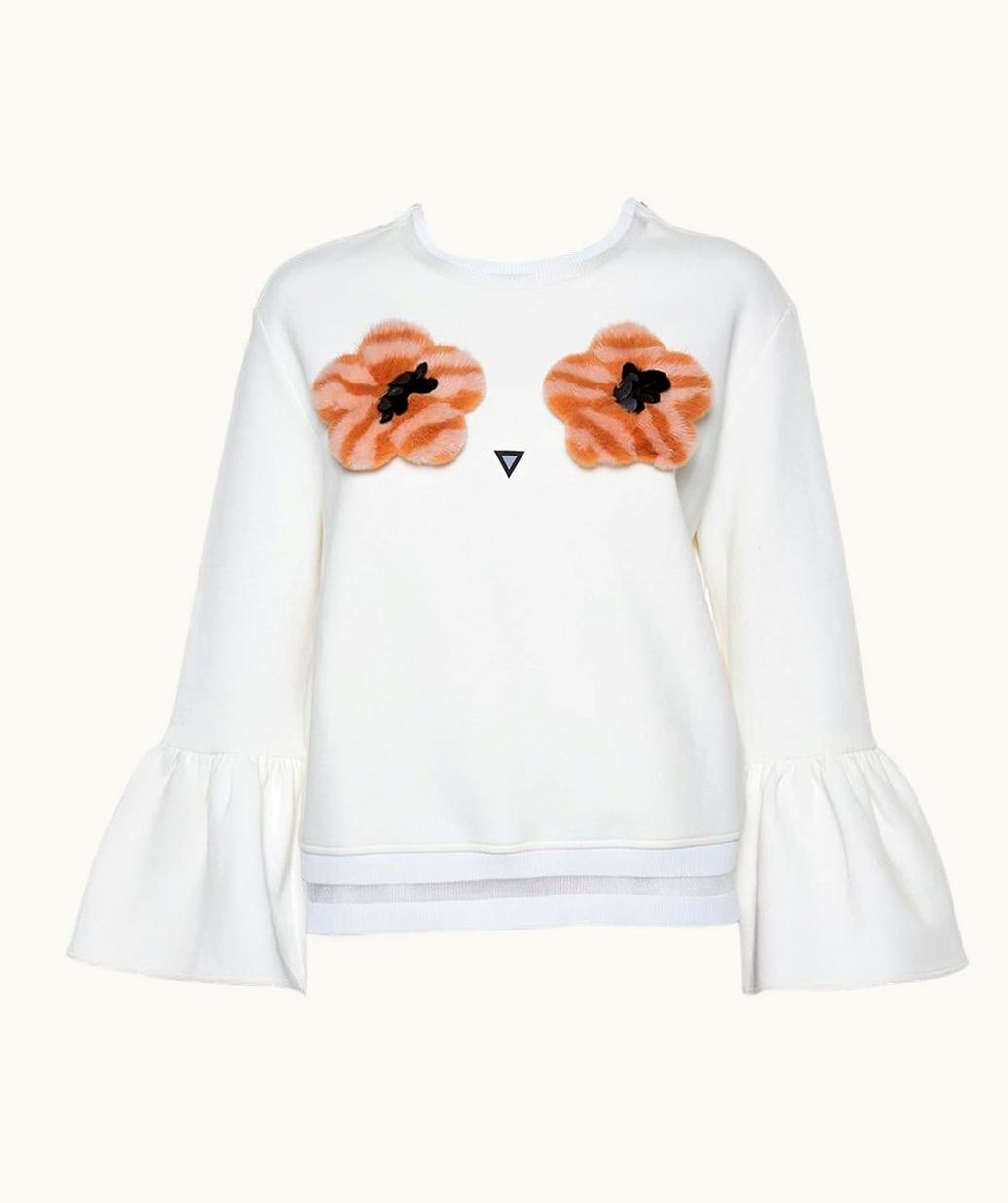 Fendi Fendi Cream Knit Pom - Pom Applique Flared Sleeve Jumper